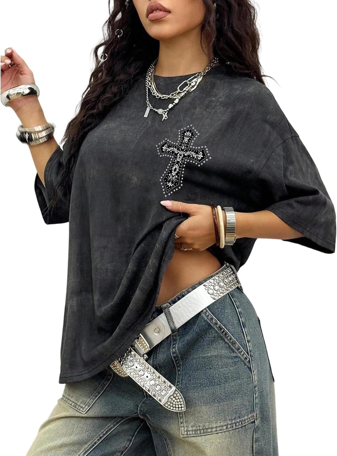SOLY HUX Women's Y2k Gothic Rhinestone T Shirt Graphic Tees Half Sleeve Oversized Vintage Streetwear Summer Tops