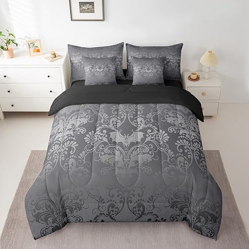 Erosebridal Gothic Damask 7 Piece Comforter Set Full Bed in a Bag,Halloween Bat 