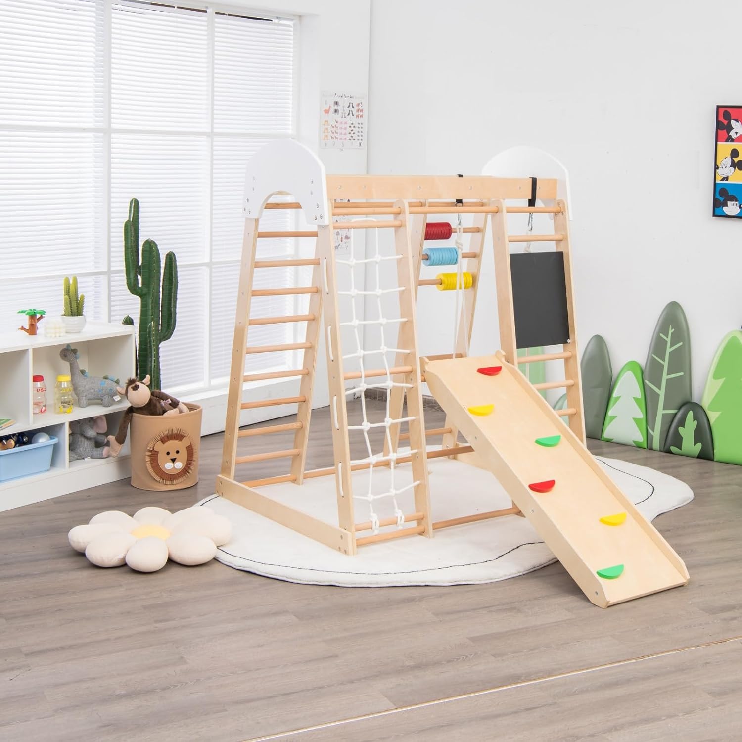 Costzon Indoor Playground, 8-in-1 Montessori Jungle Gym Beech Wood Climbing Toys for Toddlers w/Double-Sided Slide, Climbing Rock/Net, Indoor Playground Climber Playset for Kids 3+ Years (Natural)