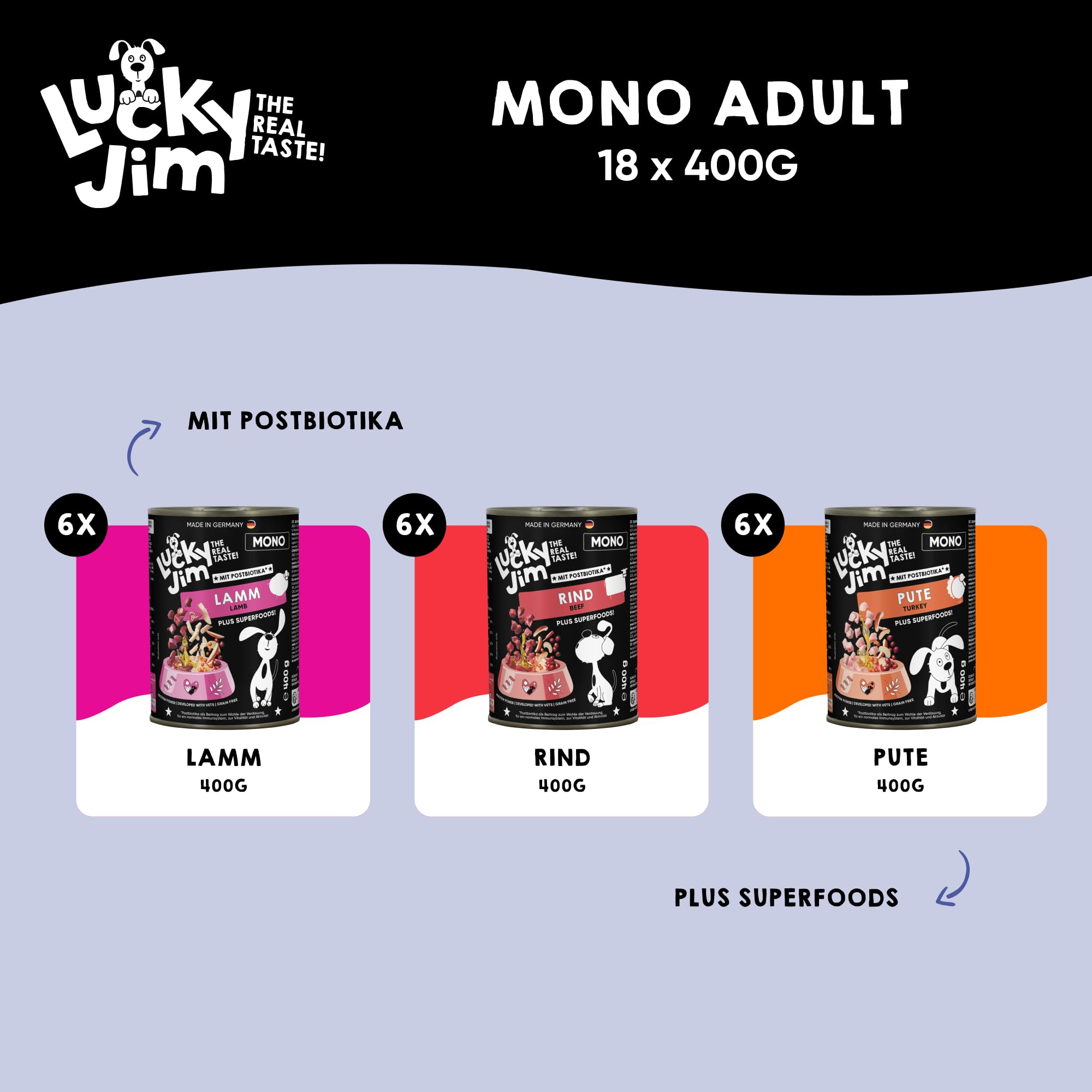 LUCKY JIM Mono Lamm, Rind & Pute Hundefutter nass - 18 x 400g Dosen - Monoprotein Nassfutter für Hunde getreidefrei, ohne Zuckerzusatz, mit Postbiotika & Superfoods, Made in Germany