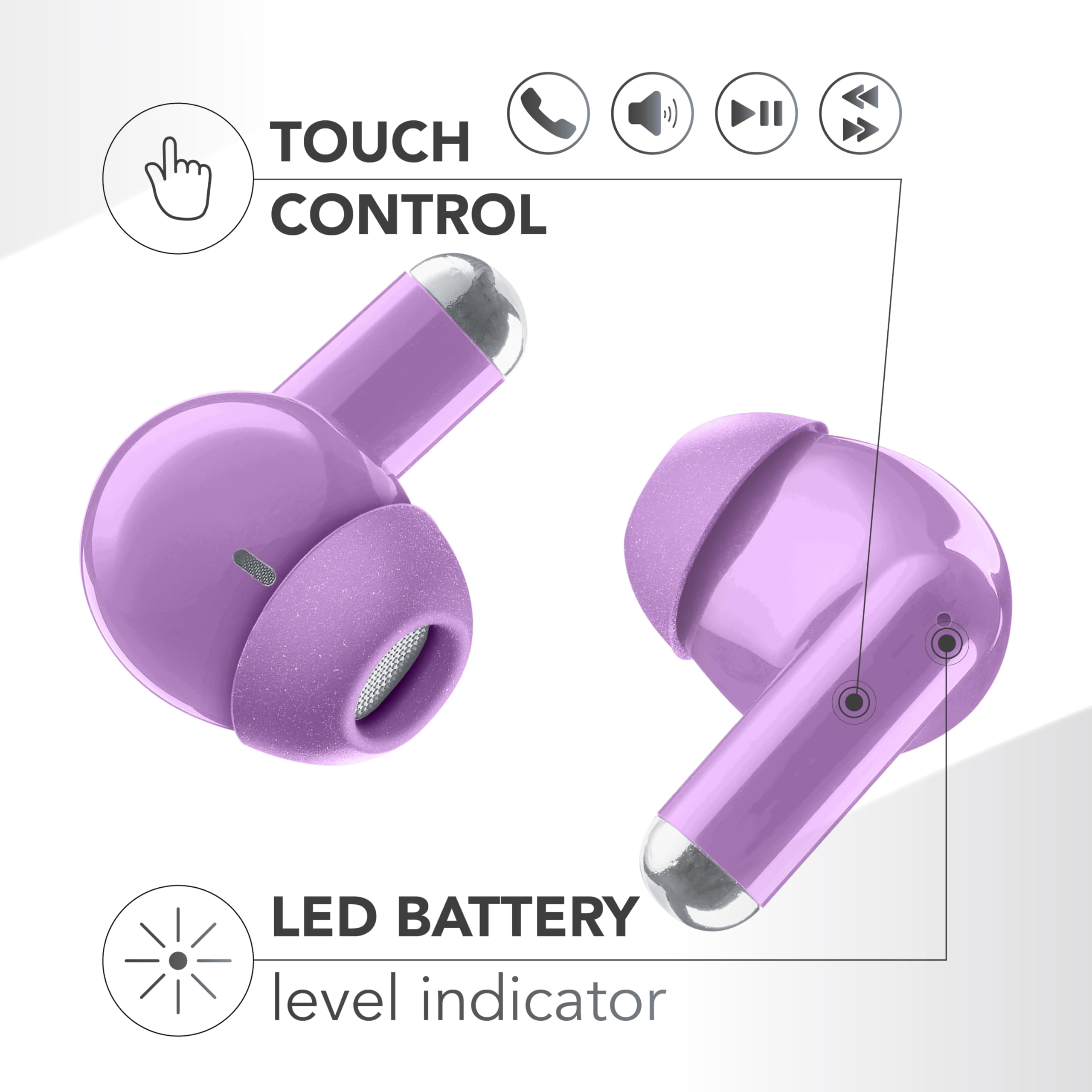 Écouteurs Intra-Auriculaires Bluetooth sans Fil Music Sound Drift avec boîtier Compact et coloré, appairage Automatique, Commandes tactiles, Jusqu’à 22 Heures d’autonomie, Lilas