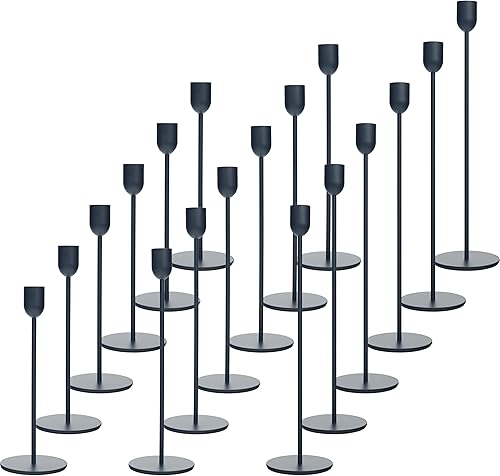 Portavelas alto negro, portavelas decorativo para bodas, cenas, fiestas, se adapta a velas de 34 pulgadas de grosor y velas LED (juego de 18)