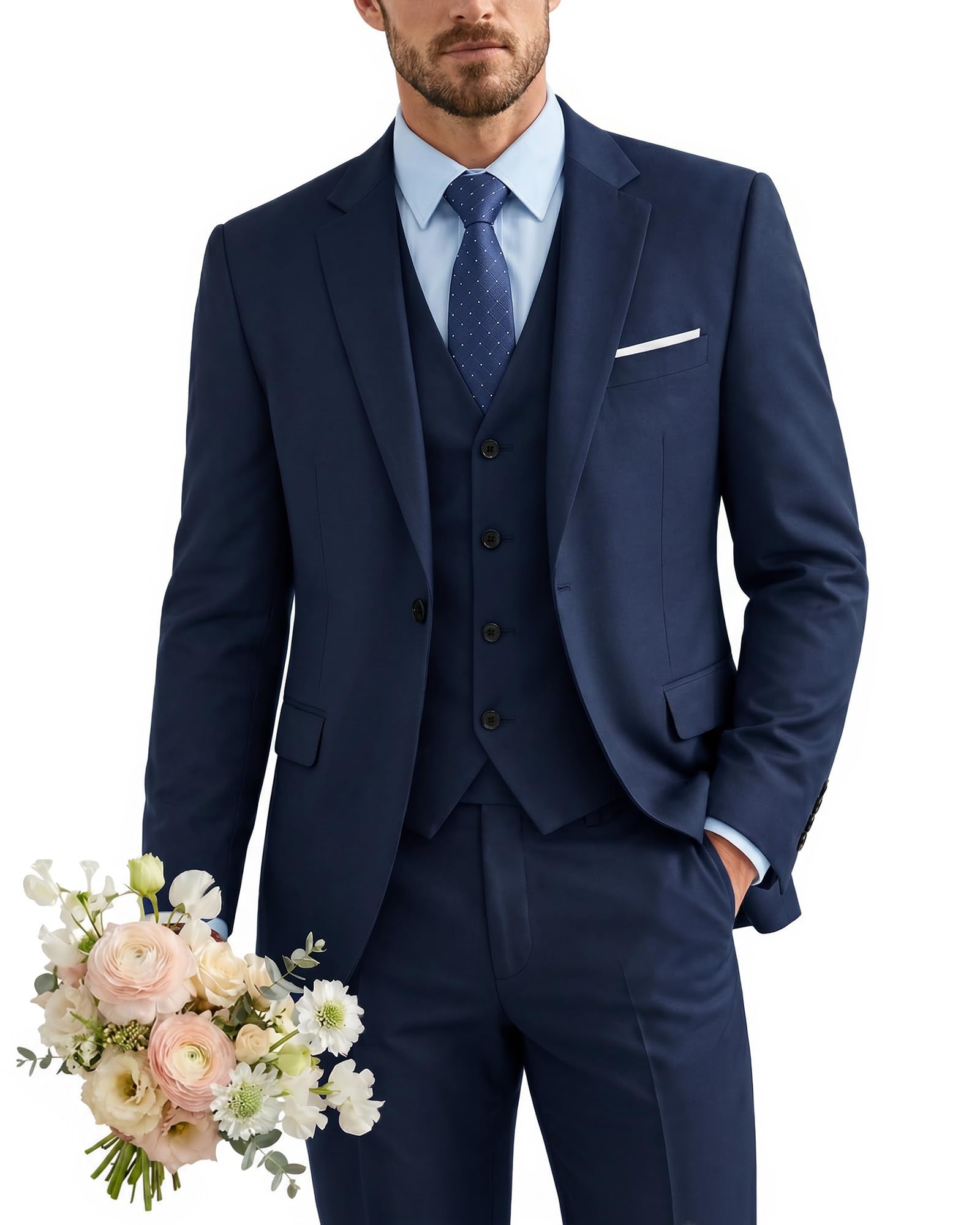 Photo 1 of YND Men's 3 Piece Slim Fit Suit, One Button Solid Jacket Vest Pants Set with Tie, for Wedding Party Proms and Business, Deep Blue