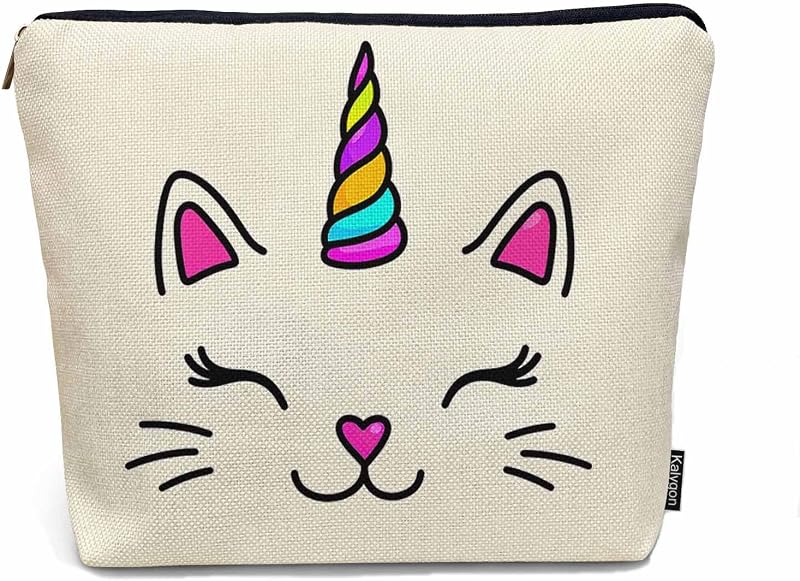 Necessaire Kalygon Unicorn Cat em tecido de linho com zíper, 1 unidade