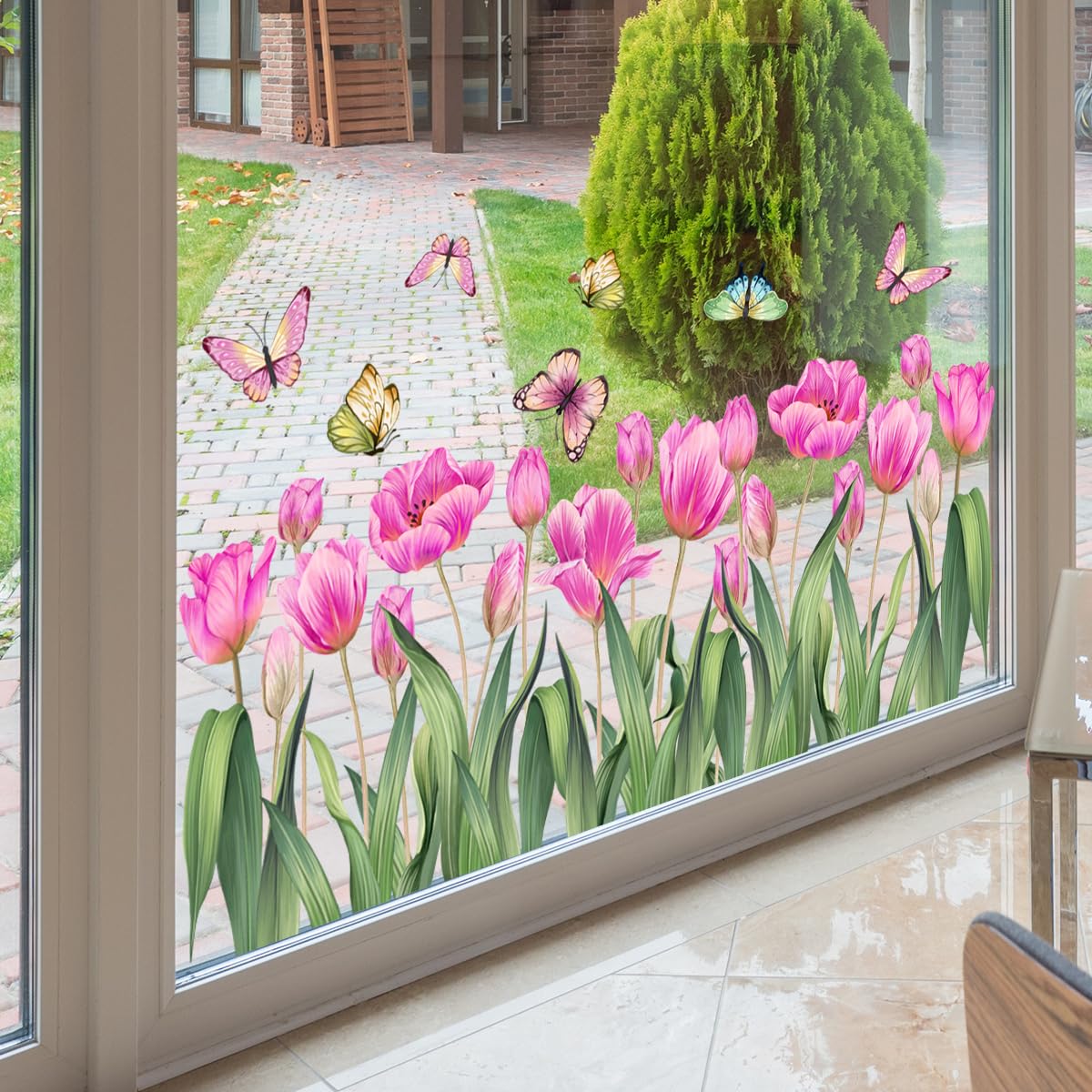 WandSticker4U®- Pegatinas ventanas primavera flores TULIPANES rosa (58x45 cm) I Vinilo ventanas flores mariposas I Decoración ventana salón dormitorio infantil cocina baño verano (no adhesivo)