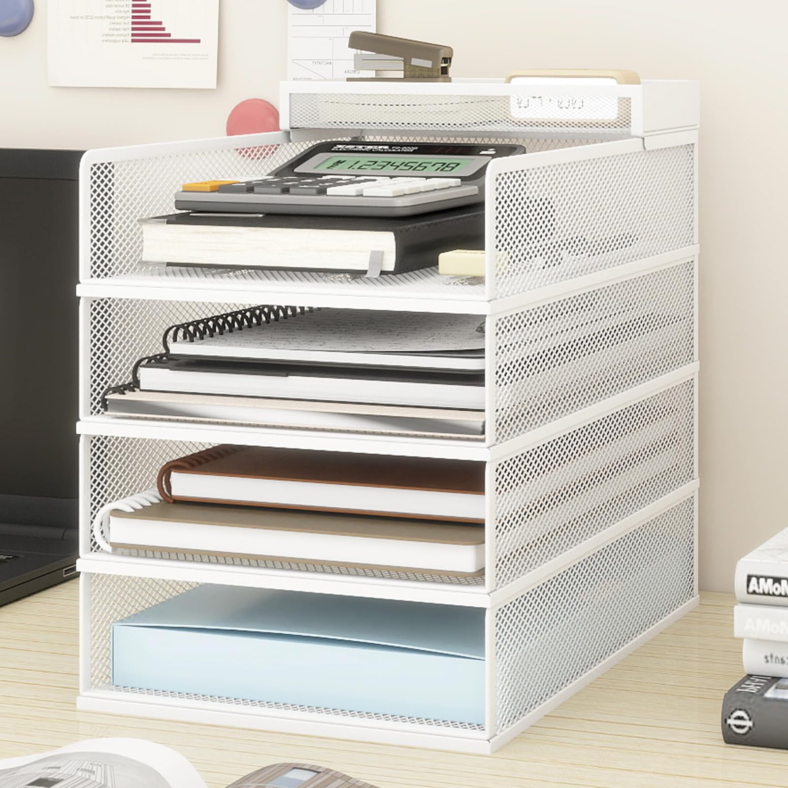 PUNCIA Porta Documenti da Scrivania in Metallo a 4 Livelli Organizer | Documenti Vassoio Porta Documenti Accessori Ufficio Vassoio per Lettere A4 Tavolo per Ufficio Domestico e Scola (Bianco)