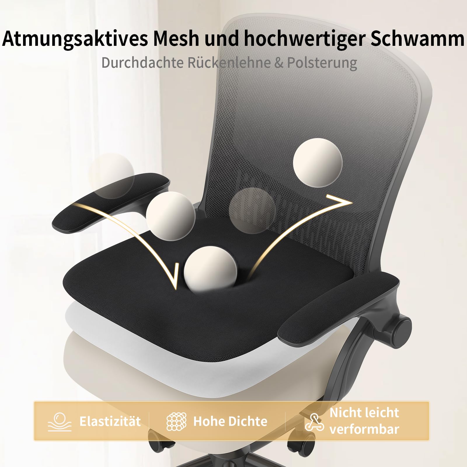 naspaluro Ergonomischer Bürostuhl, Schreibtischstuhl mit 90° Klappbaren Armlehnen, Einzigartige Lendenwirbelstütze, Atmungsaktive Mesh-Polsterung für das Heimbüro, Studie, Schwarz