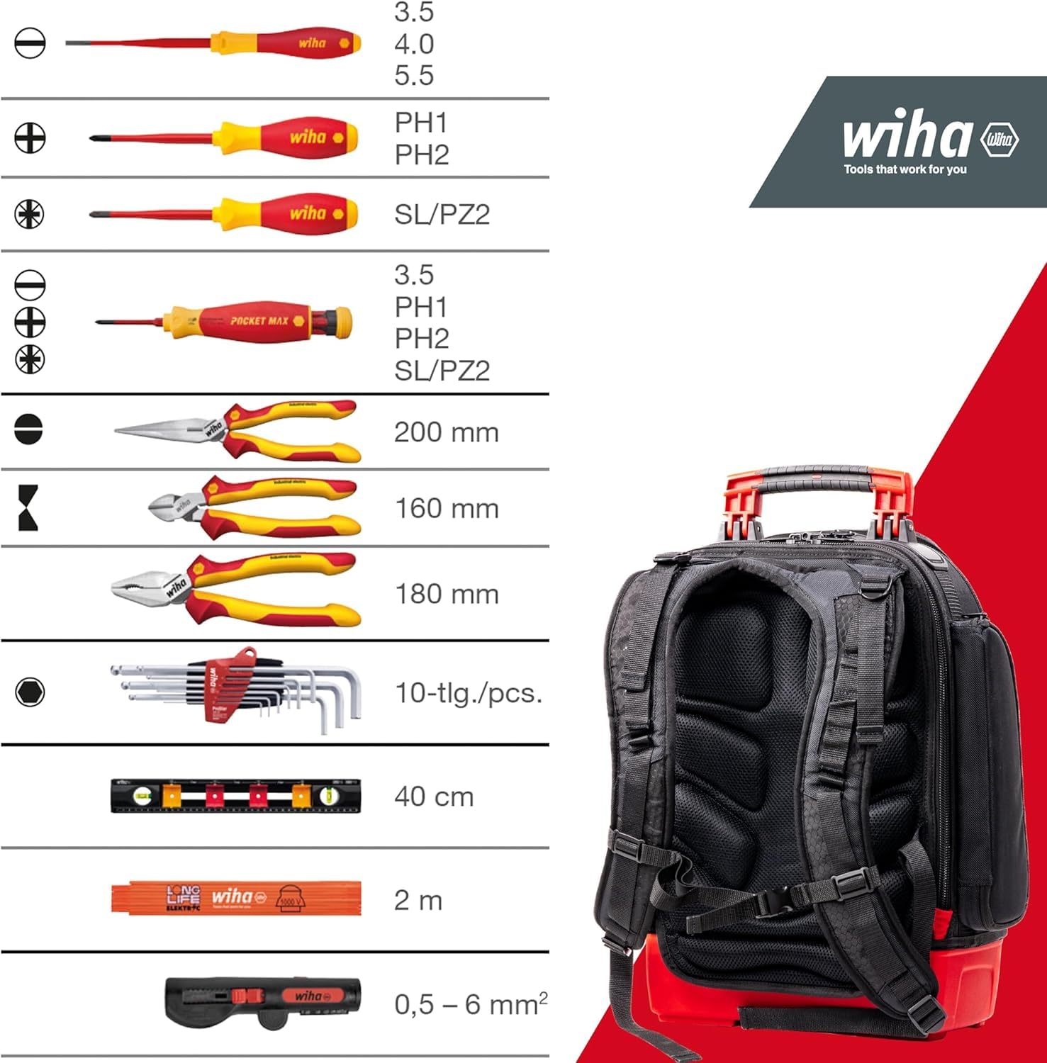 Mochila de herramientas electrico 27 herramientas | (45528) Mochila de trabajo I base estable I compartimento portátil I bolsillos accesorios I bolsa de herramientas