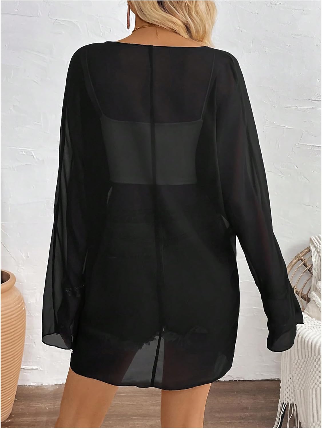 OYOANGLE Women's Chiffon Sheer Long Sleeve Open Front Cardigan See Through Casual Outerwear Coat - Image 2