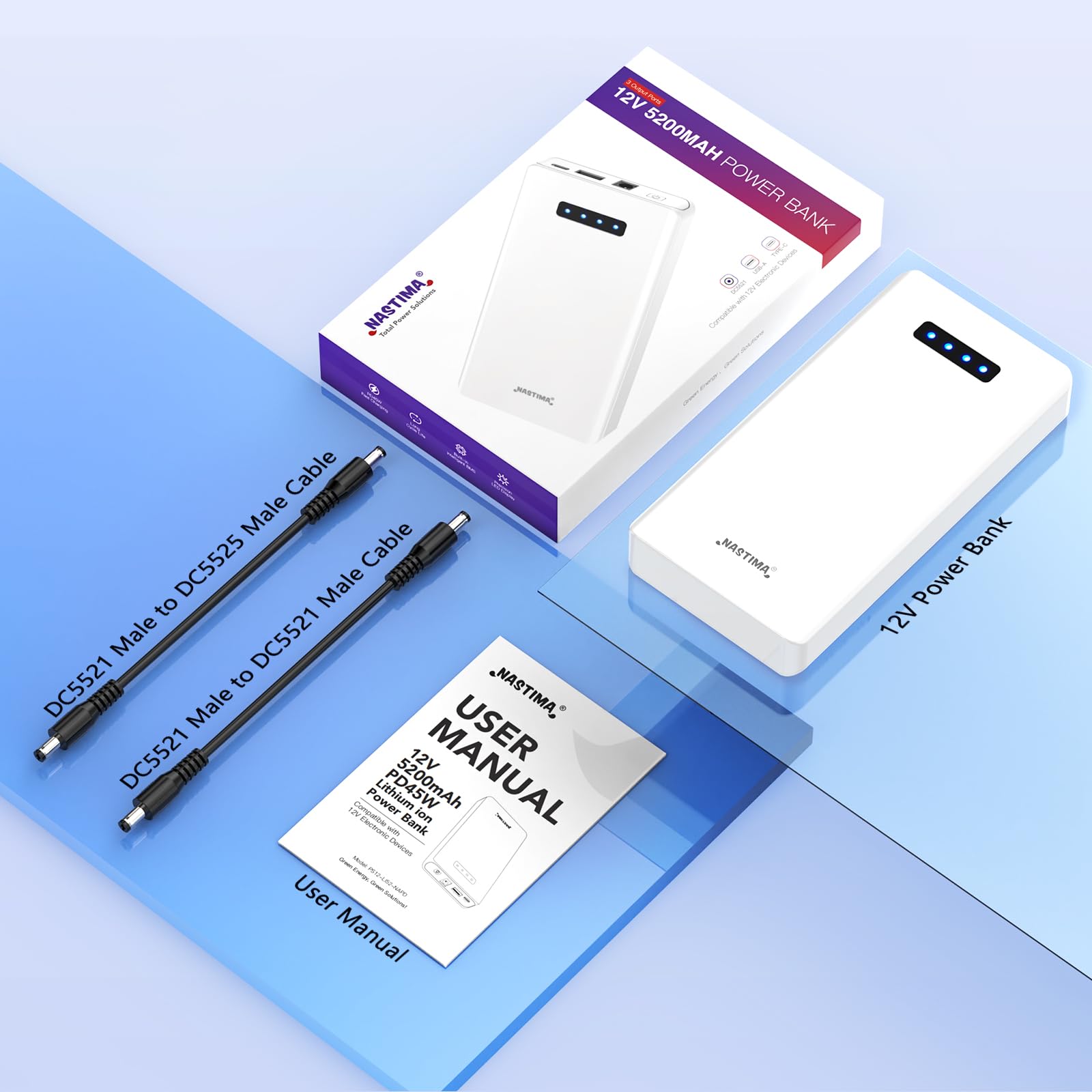 NASTIMA PD 45W 12V Power Bank 5200mAh 56,16Wh Batteria Agli ioni di Litio | con Uscita 12V DC e 5V USB-A QC3,0 Type-C Tripla Uscita per Strisce LED, Telecamere a Circuito Chiuso, Videocamere, Binocoli