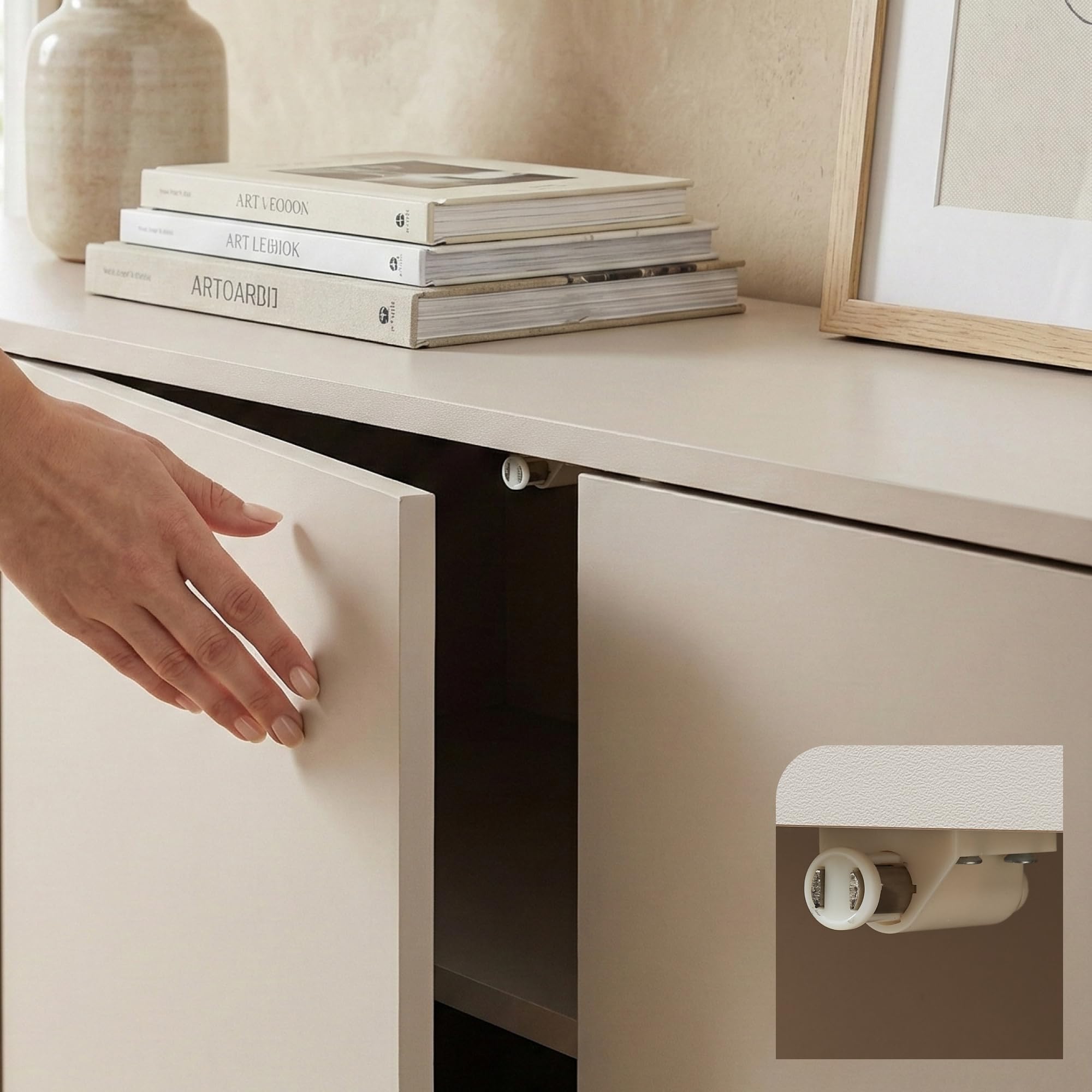 [en.casa] Lowboard Boxholm z 3 drzwiami 160 x 30 x 57 cm, kolor piaskowy | Kredens, szafka pod telewizor, komoda push-to-open, 2 przegródki, metalowa rama, regulowana, do salonu, jadalni, biura
