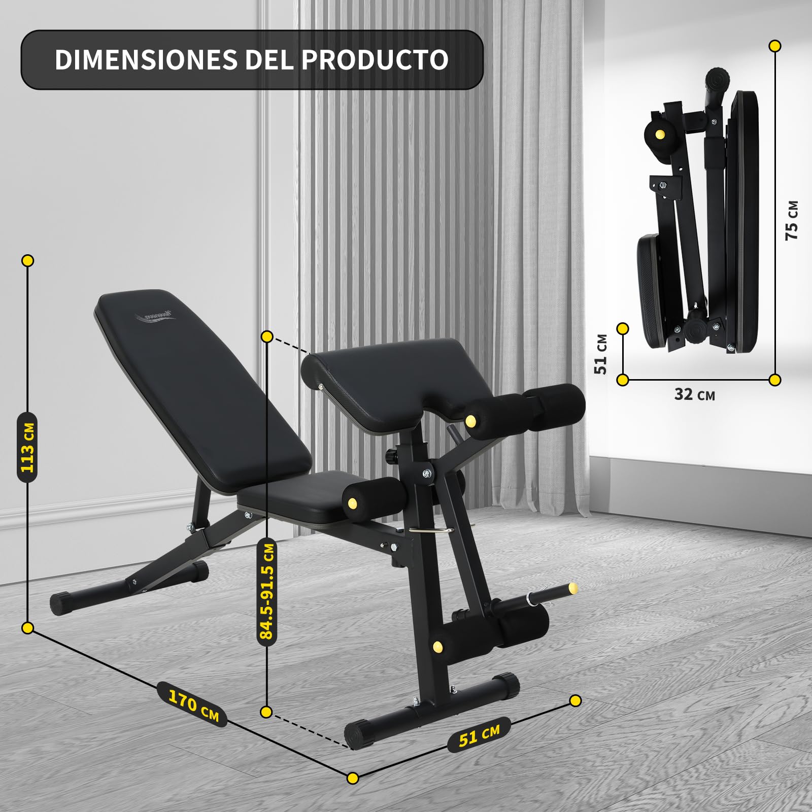 Banco Musculación Multifuncional con Respaldo Reclinable de 6 Posiciones, Banco De Pesas con cojín de predicador, Banco Pesas Plegable con extensión de piernas, Banco Abdominales,Banco Plano