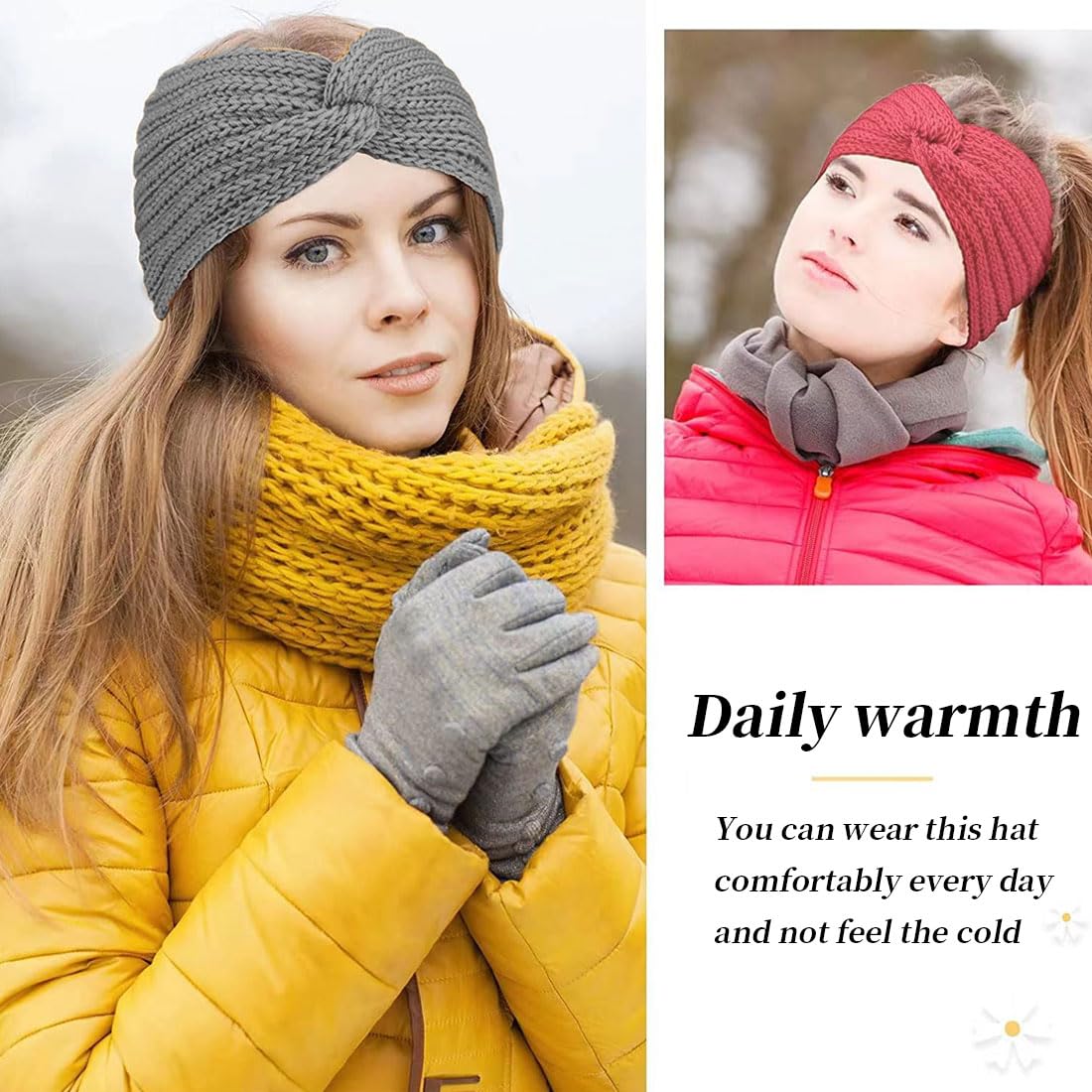 Fasce Invernali Per Capelli Donna Fascia Capelli Caldo Lana Intrecciata Cerchietti Donne Turbante 2 Pezzi (Beige+Grigio Scuro