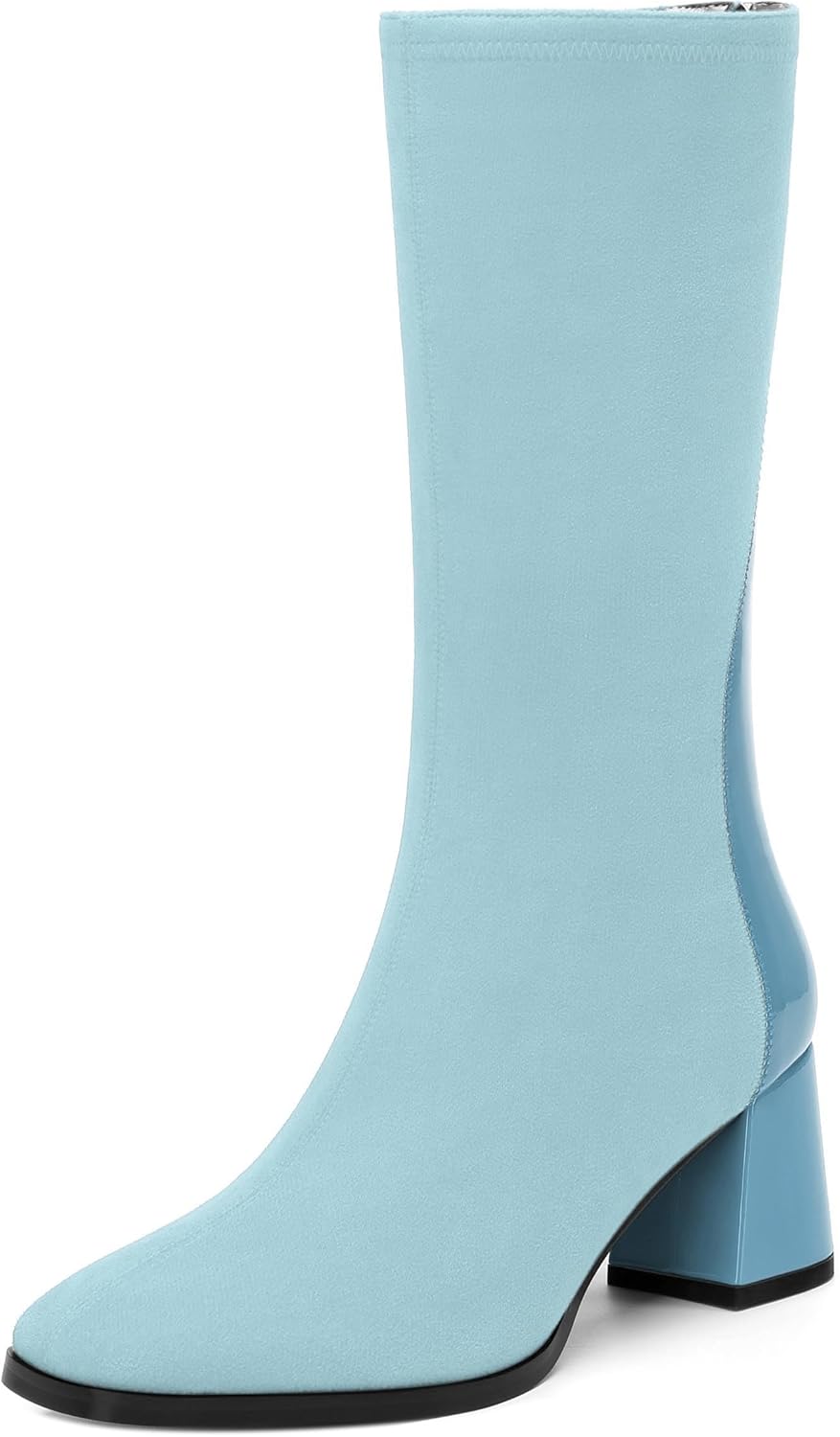Womens Mid Calf Boots, Square Toe Mid Block Heel Mid Calf Boots for Women, Suede and Patent Splicing Upper 2.5"