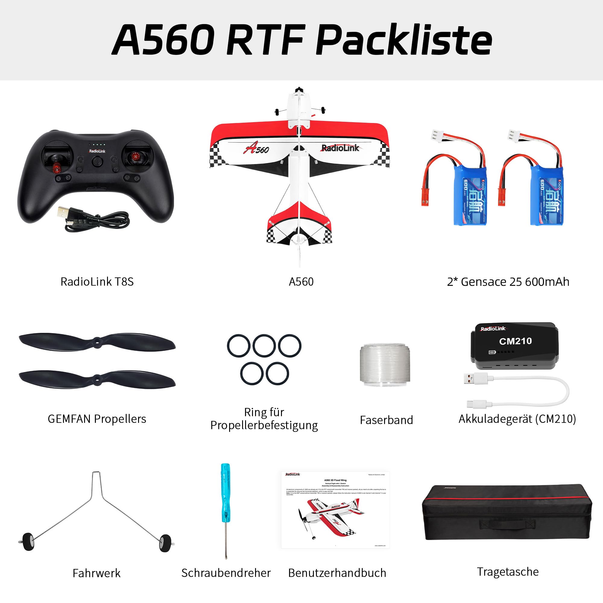 Radiolink A560 RC Flugzeug 3D Kunstflugzeug Bereit zu fliegen (RTF) 4 Kanäle mit Byme-A Gyro Flugregler, T8S Fernseteuerung, R8FM Empfänger Brushless Motor Freundlich für Anfänger & Fortgeschrittener