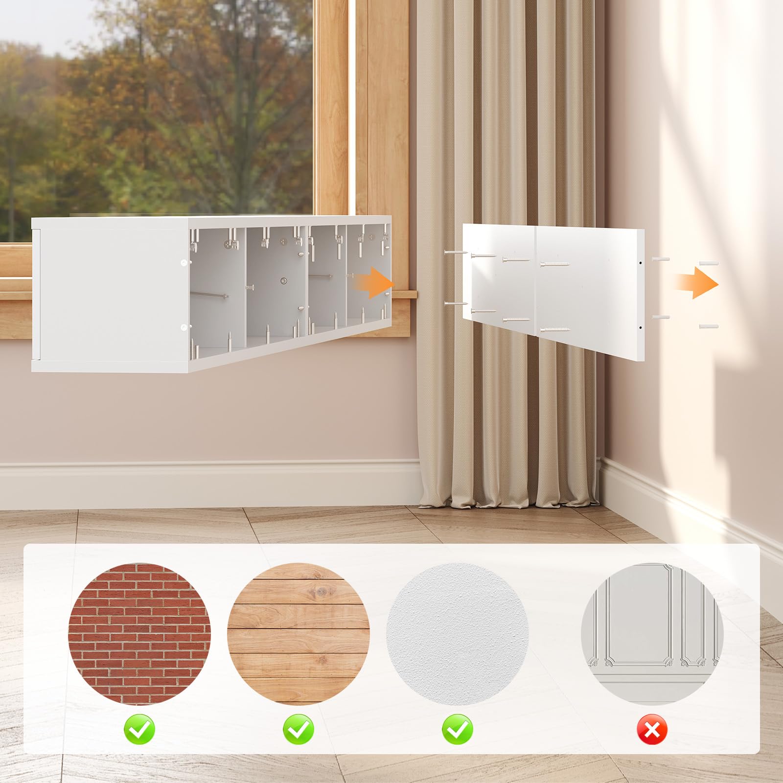 YATINEY Mueble para TV Suspendido con Tira de Luces LED, Soporte para TV Montado en Pared con Cuatro Puertas Abatibles, 180 x 24 x 22 cm, para Salón o Dormitorio, Blanco XDS23DWT