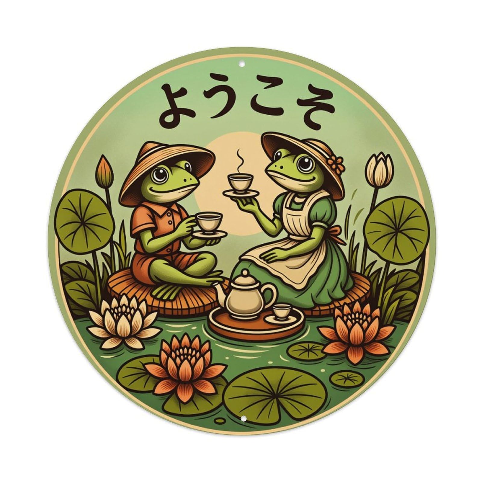 Frogs Tea Garden Lotus Hat Round Tin Sign Vintage Metal Poster Retro Bar, Home, Man Cave, Kitchen, Laundry Room Wall Art Decor Gift 8x8Inch