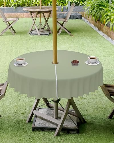 Miniatura 4 de Mantel redondo verde salvia para interiores y exteriores, 60 pulgadas, color verde salvia, color liso, lavable, impermeable, con agujero para