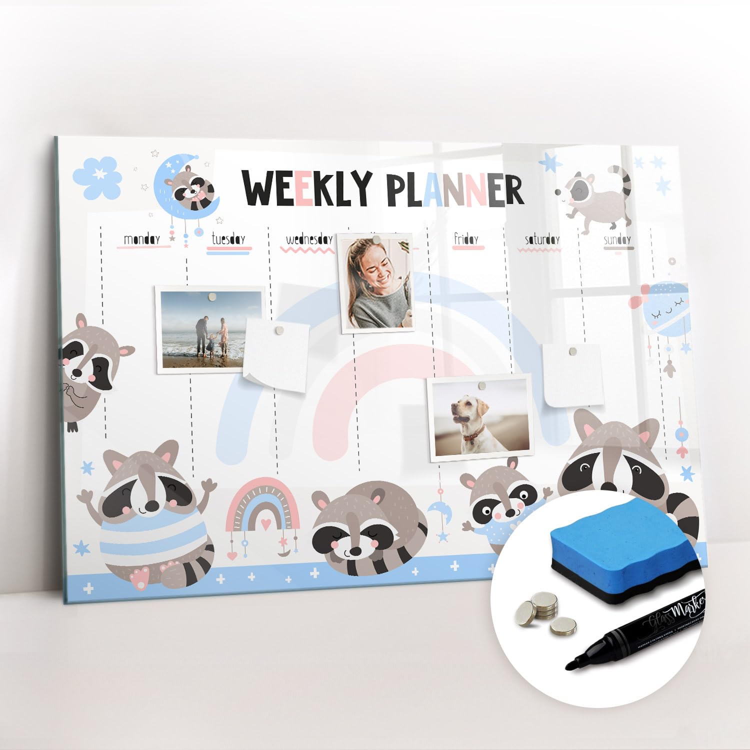 Lavagna da Parete Magnetica in Vetro | Include Magneti, Pennarello e Gomme | Ideale per Ufficio, Casa, Studio e Task Planning - 90x60 - Agenda settimanale per bambini