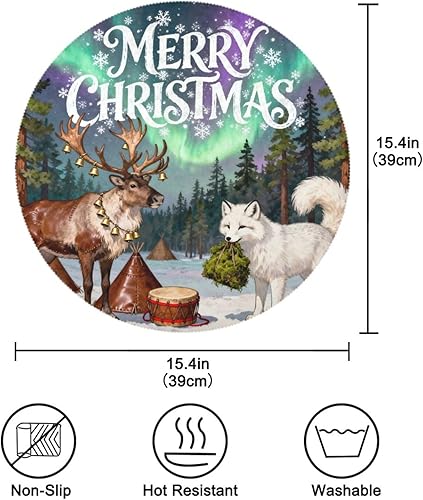 Miniatura 4 de Merry Christmas Fox Deer Plastic Round placemats Kids placemats for Dining Table Set of 4 15x15 in manteles para mesa