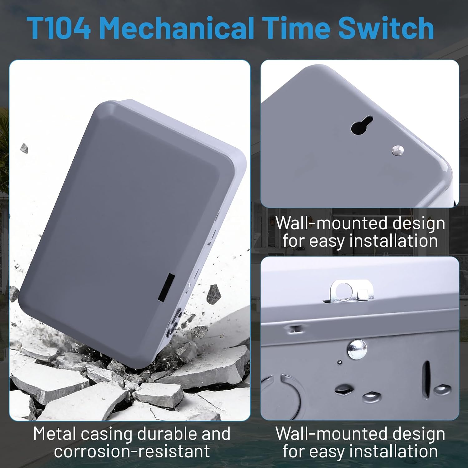 T104 Mechanical Time Switch, 208-277V AC 40A DPST, 24-Hour Dial with 12 ON/Off Trips, Heavy-Duty Timer Switch for Pool Pumps Water Heater Lighting and HVAC, with 4 Timer Trippers
