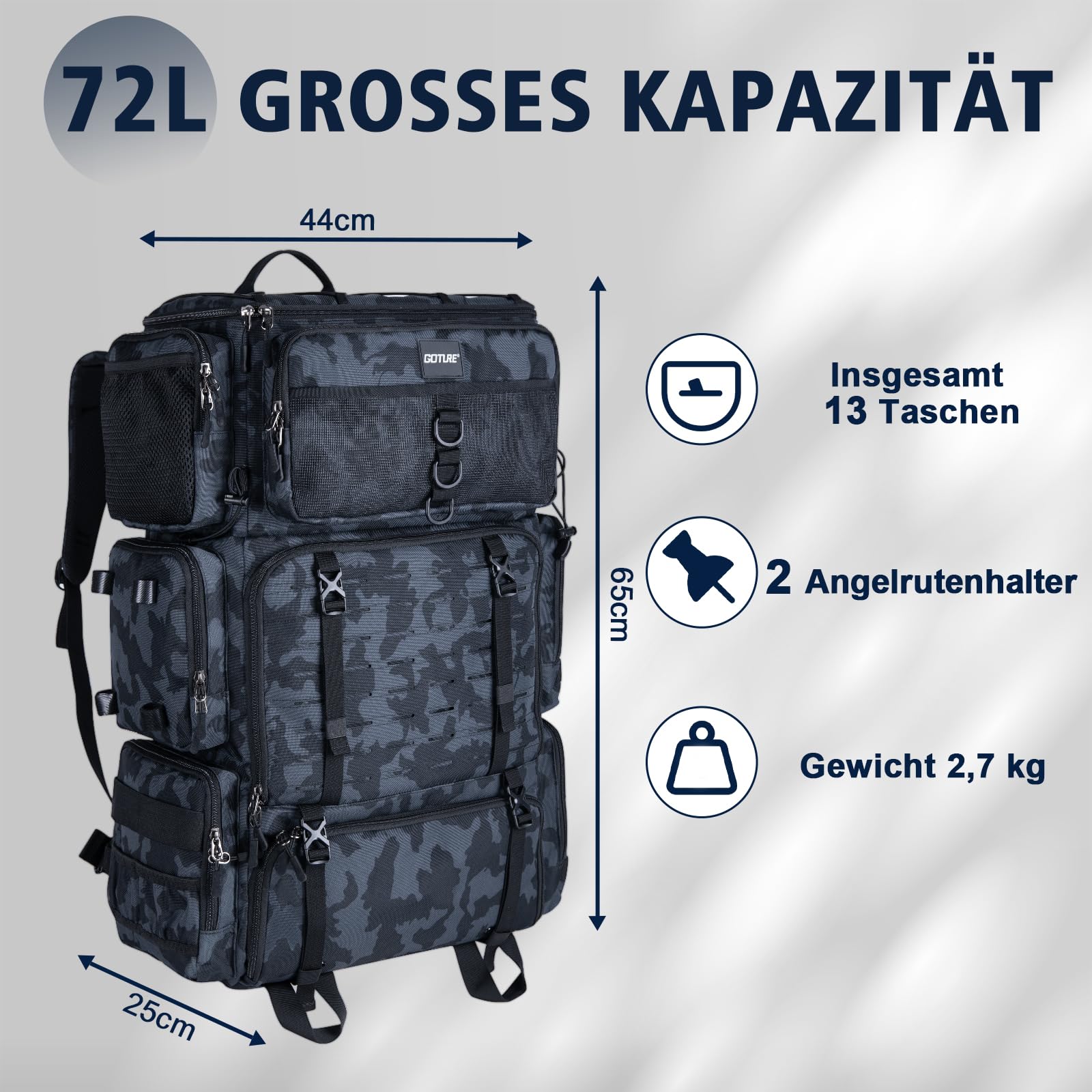 Goture Sac à dos de pêche 72 l avec sac isotherme (16 l) et compartiment sec/humide – Compartiments réglables Sac à outils de pêche imperméable, 2 porte-cannes, protection contre la pluie pour pêche