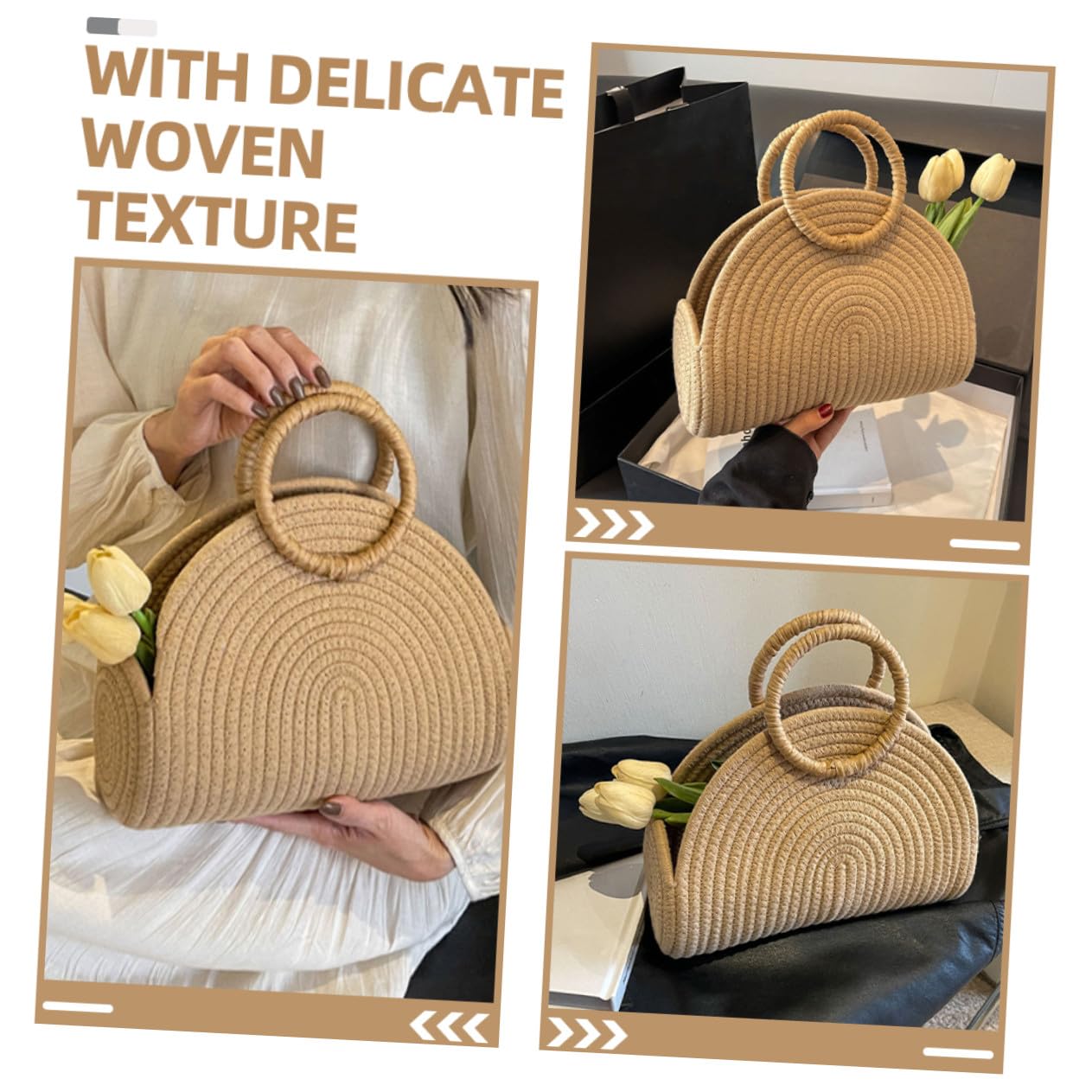 Abaodam Borsa in Corda di Cotone Intrecciata a Mano Texture Delicata, Capiente e Portatile, Stile Rustico per Picnic e Spiaggia Khaki