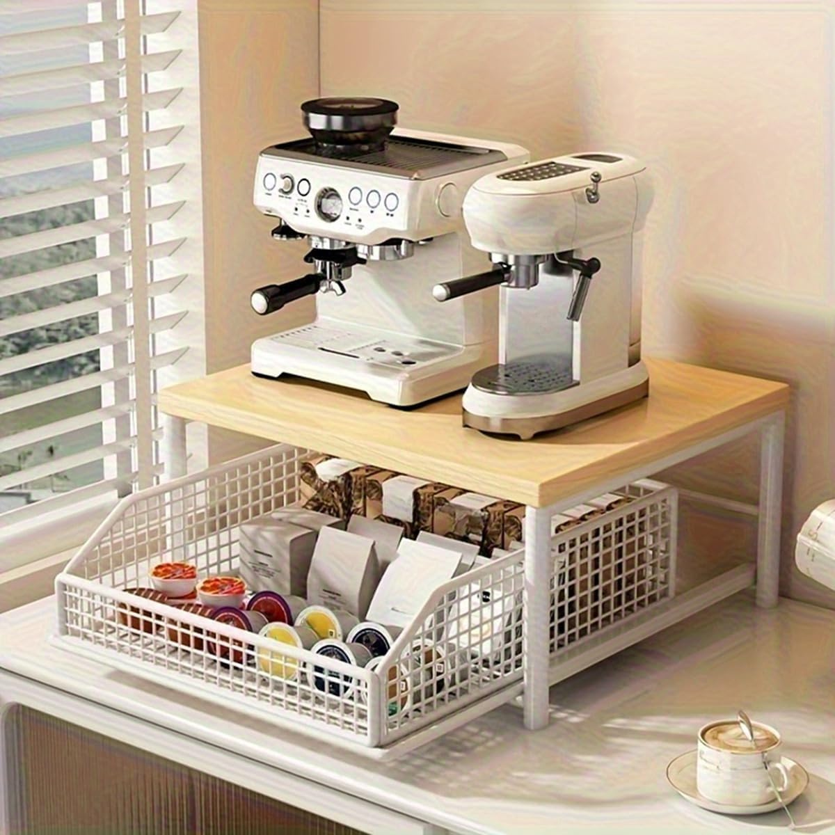 Carro de Cocina de Dos Niveles Organizador para máquina de café con cajones deslizantes Estante de Almacenamiento para encimera Soporte para microondas de Oficina en casa(Black)