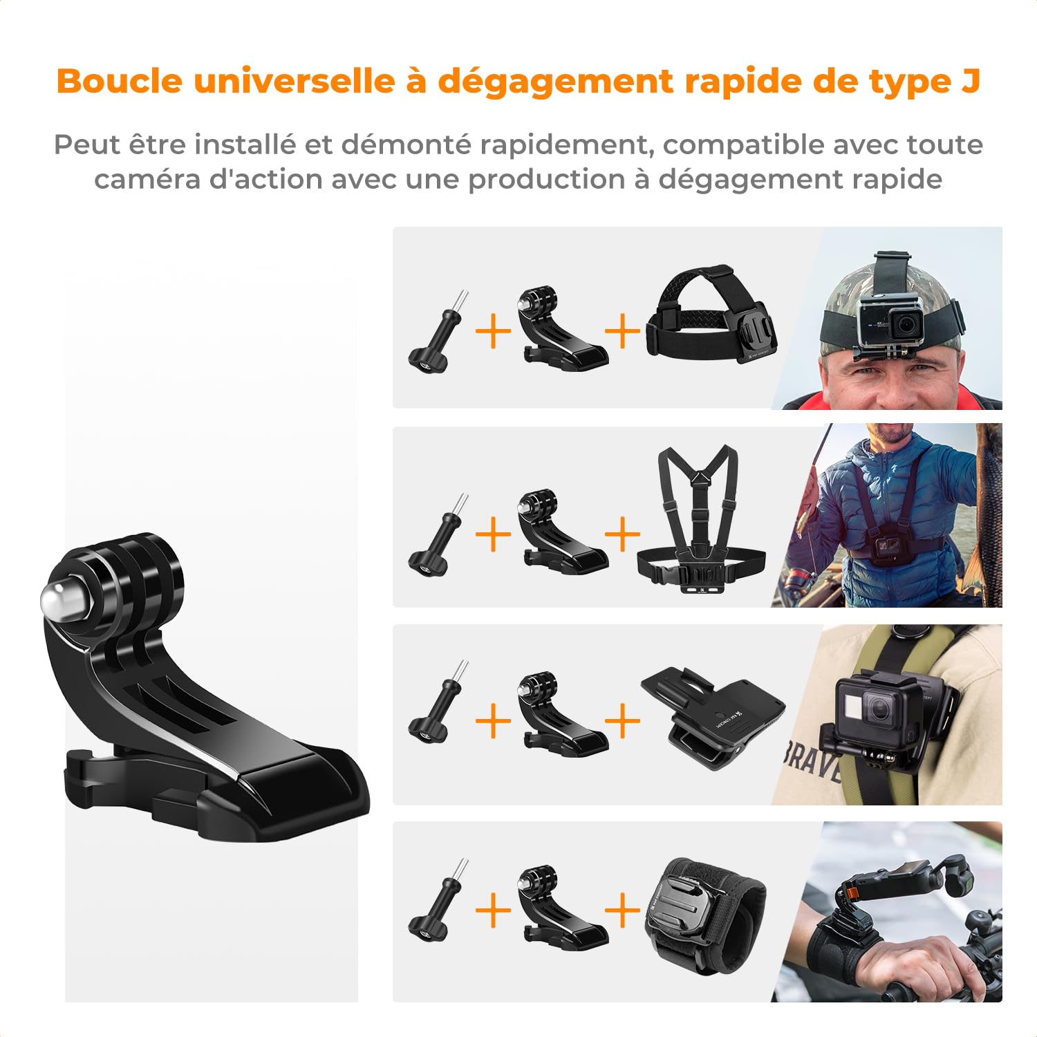 K&F CONCEPT Sangle Harnais de Poitrine et Bandeau et Dragonne et Clip de Sac et 5 Vis en T et Clip de Téléphone et 4 Dégagement Rapide et Adaptateur de 1/4" Compatible avec GoPro/DJI Aciton/Téléphone