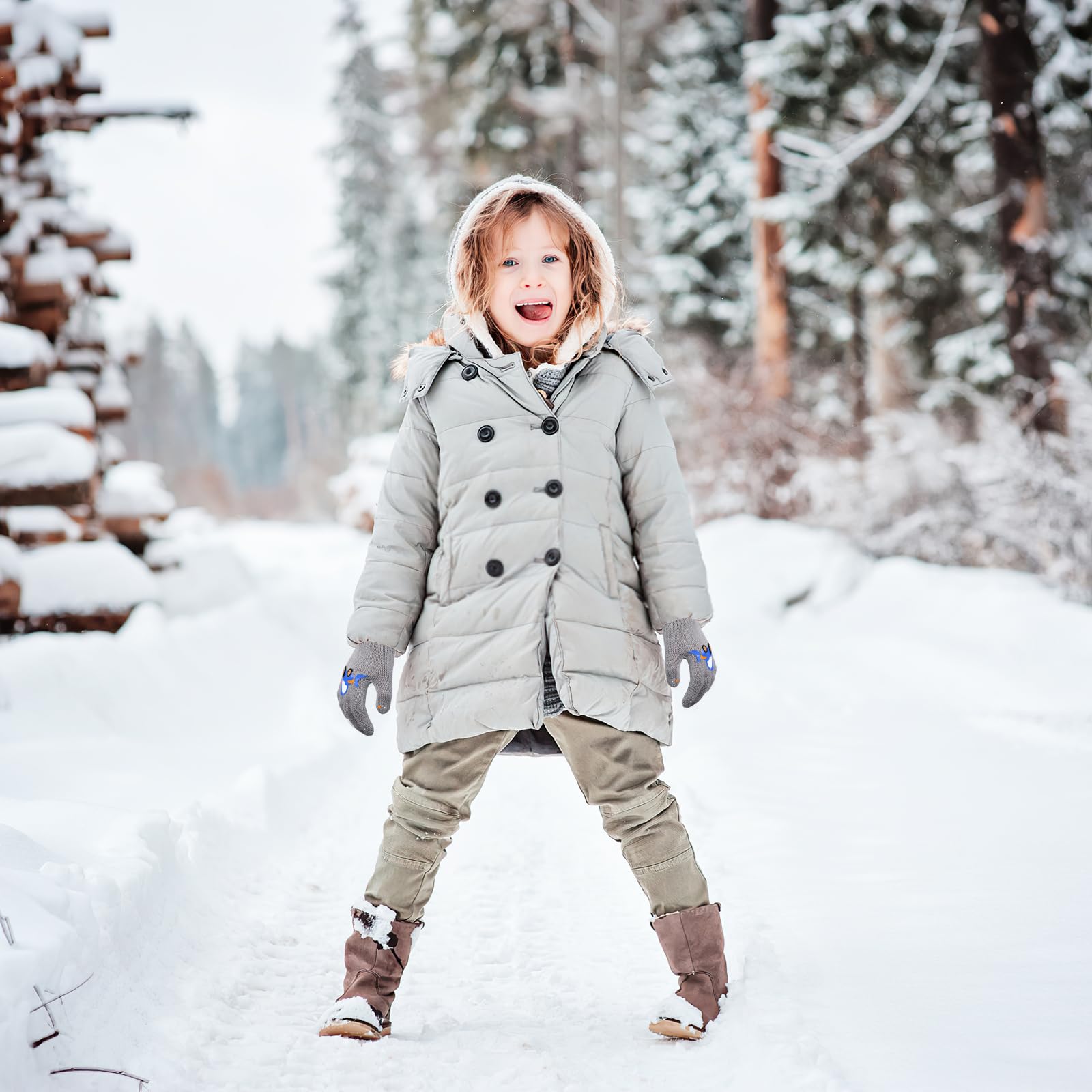QKURT Guantes Mágicos Infantiles de Invierno Térmicos Dedos Completos para Niños Dinosaurios Excavadoras