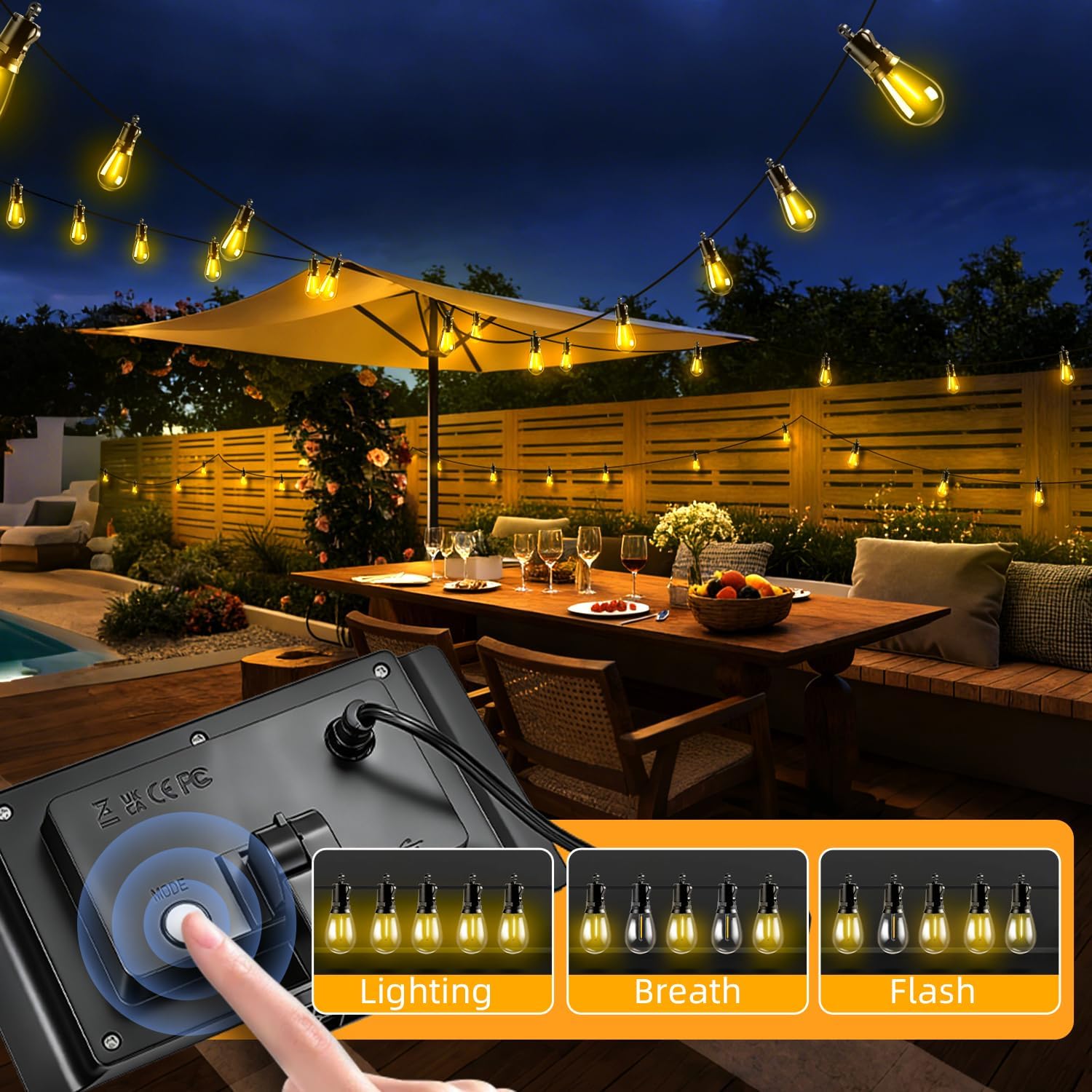 Solar Lights Outdoor Patio Lights: S14 30M 100FT Solar Powered Remote Control 3 Light Modes Dimmable Solar Waterproof Light - Shatterproof Bulbs - Camping Backyard Garden Deck Outside Yard