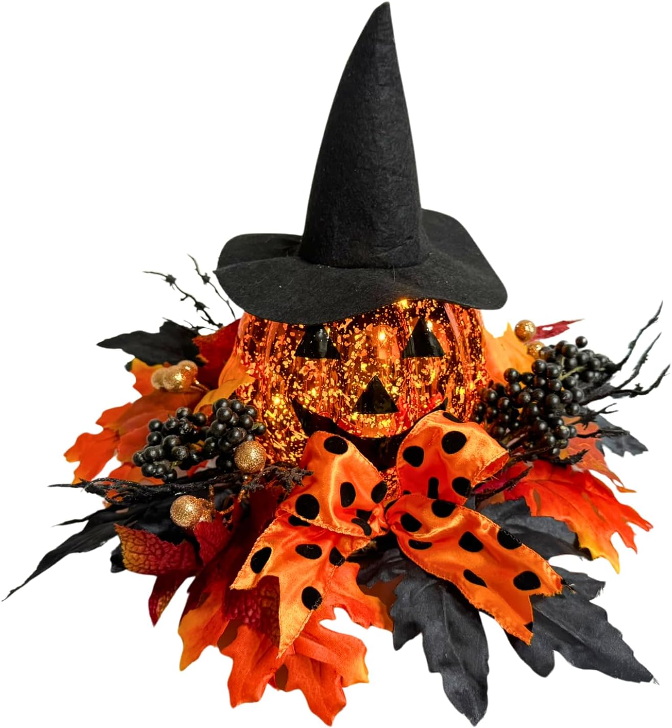 Lighted Harvest Pumpkin Table Decoration Indoor Outdoor Table Centerpiece with Maple Leaves Black Berries and Witch Hat for Fall Table Centerpieces Thanksgiving Halloween Decor