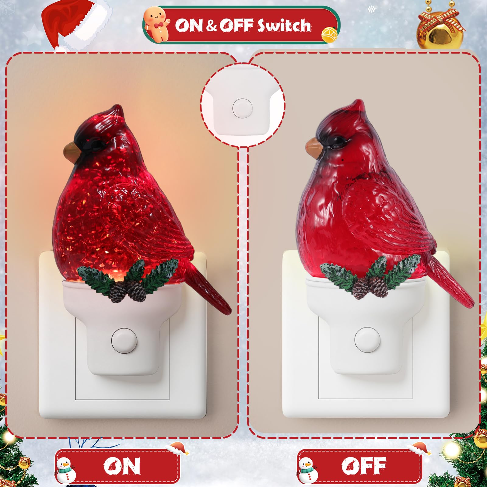 Weihnachtskardinal-Nachtlicht zum Einstecken in die Wand, Glitzer-Wasser-Nachtlicht mit USB/Steckdosen-Optionen, Weihnachtsdekorations-Nachtlicht für Schlafzimmer, Küche, Kinderzimmer, Flur