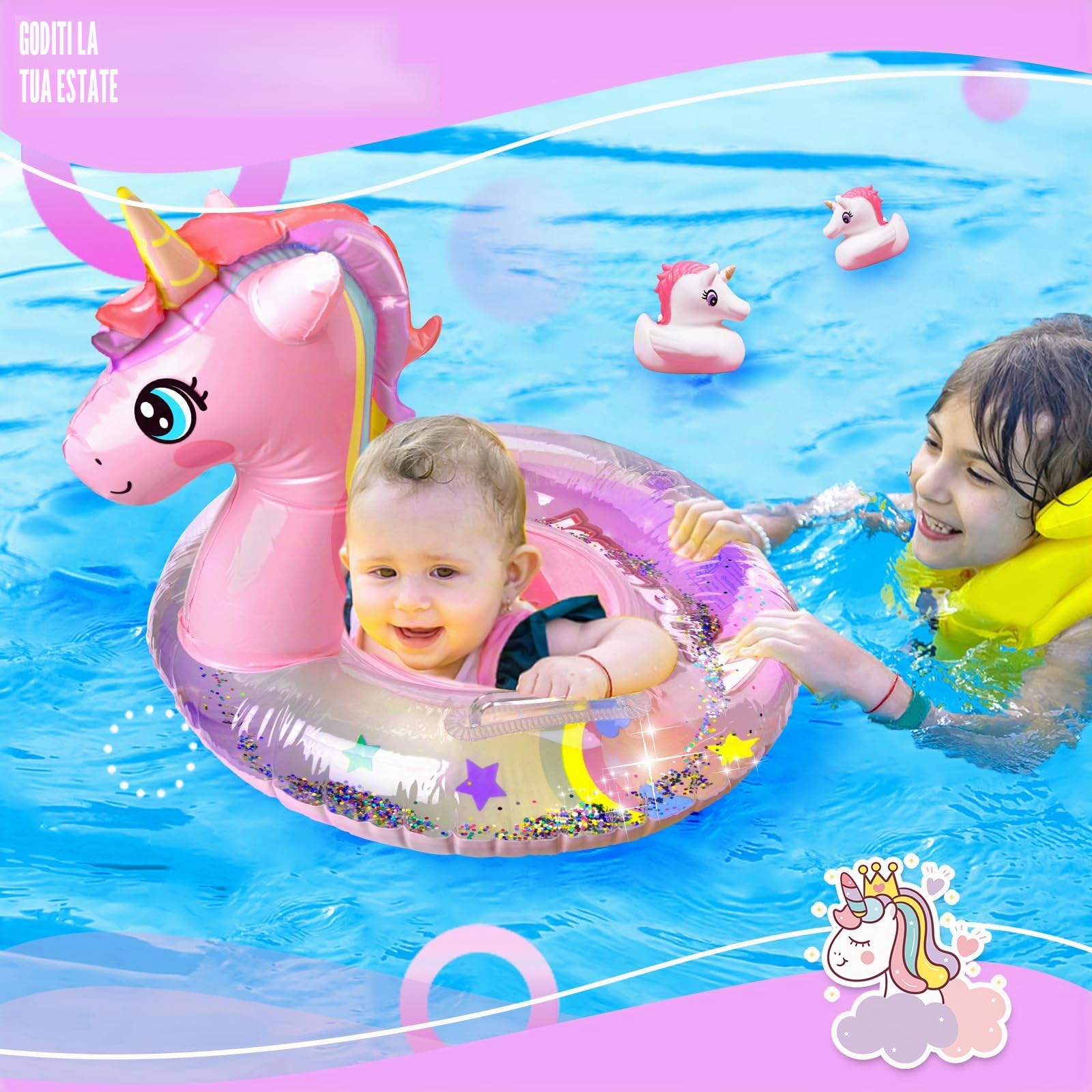 Salvagente Gonfiabile per bambini, Salvagente Gonfiabile Unicorno con Doppio Manico, Galleggiante Gonfiabile del Bambino Seggiolino Dell'anello di Nuoto del