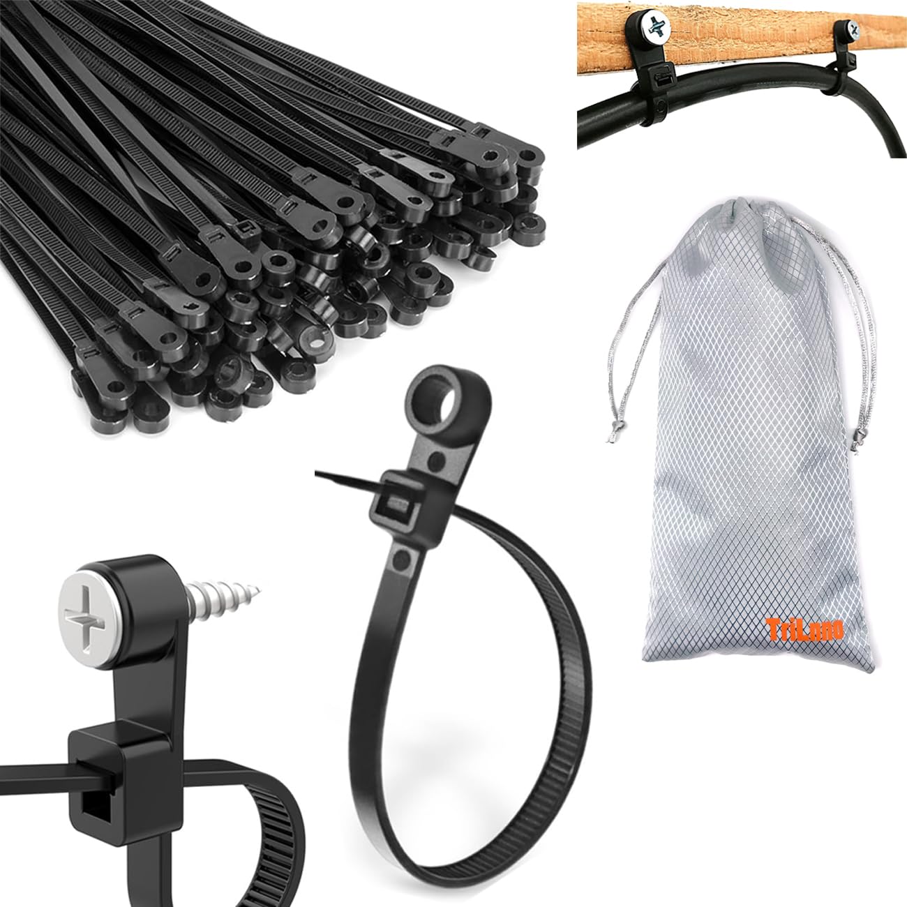 TriLnno Nylon Universal Cable Tie Buckle,Black Zip Ties Heavy Duty with Screw Hole 75lbs Mountable head Cable management Ties for Indoor & Outdoor Use