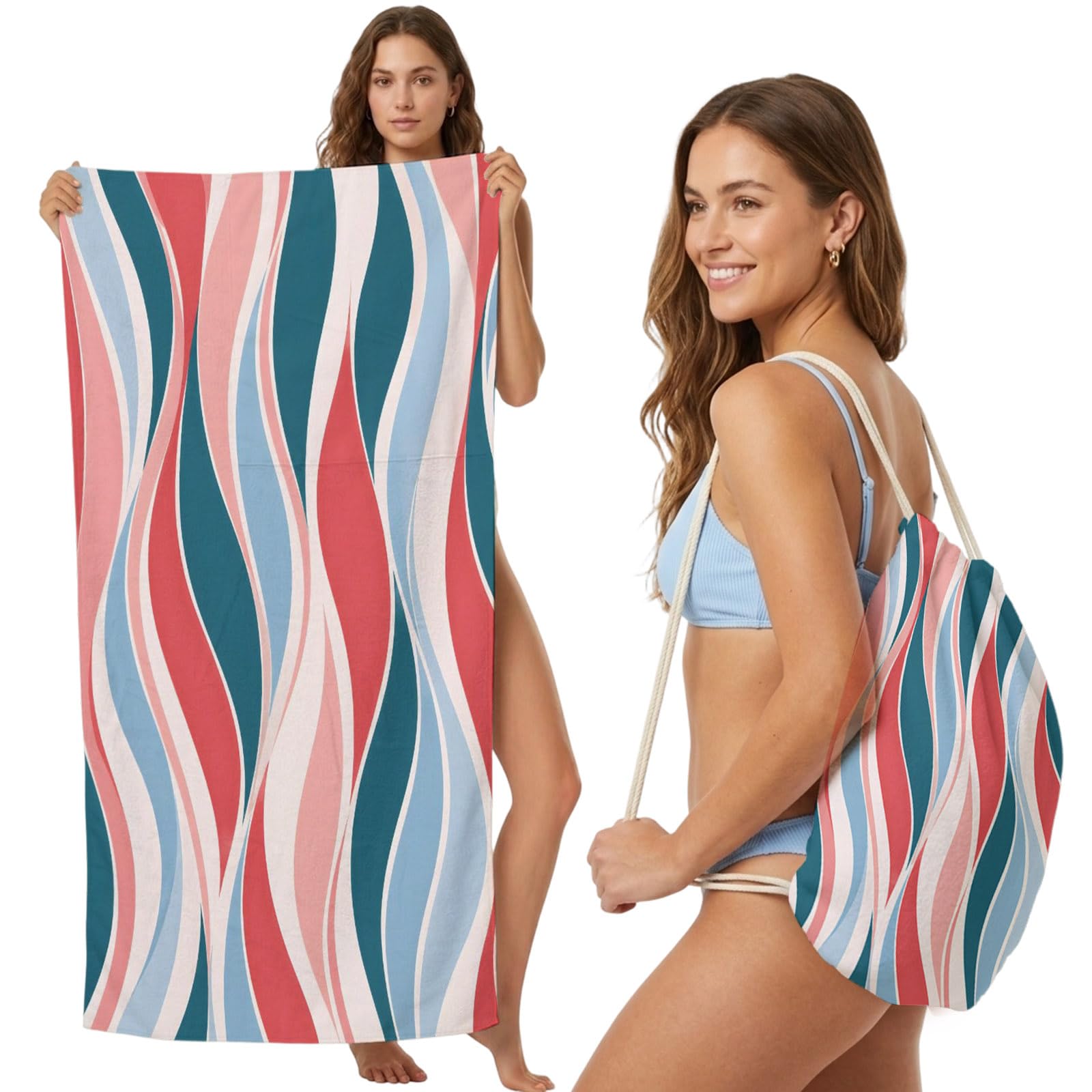 Beach Towel Bag 2 in 1 Red Blue Waves Stripes Bath Pool Towels Backpack Modern S-Curves Striped Absorbent Beach Towel Soft Quick Dry Lightweight Packable Towels Drawstring Bag for Travel Sports Yoga
