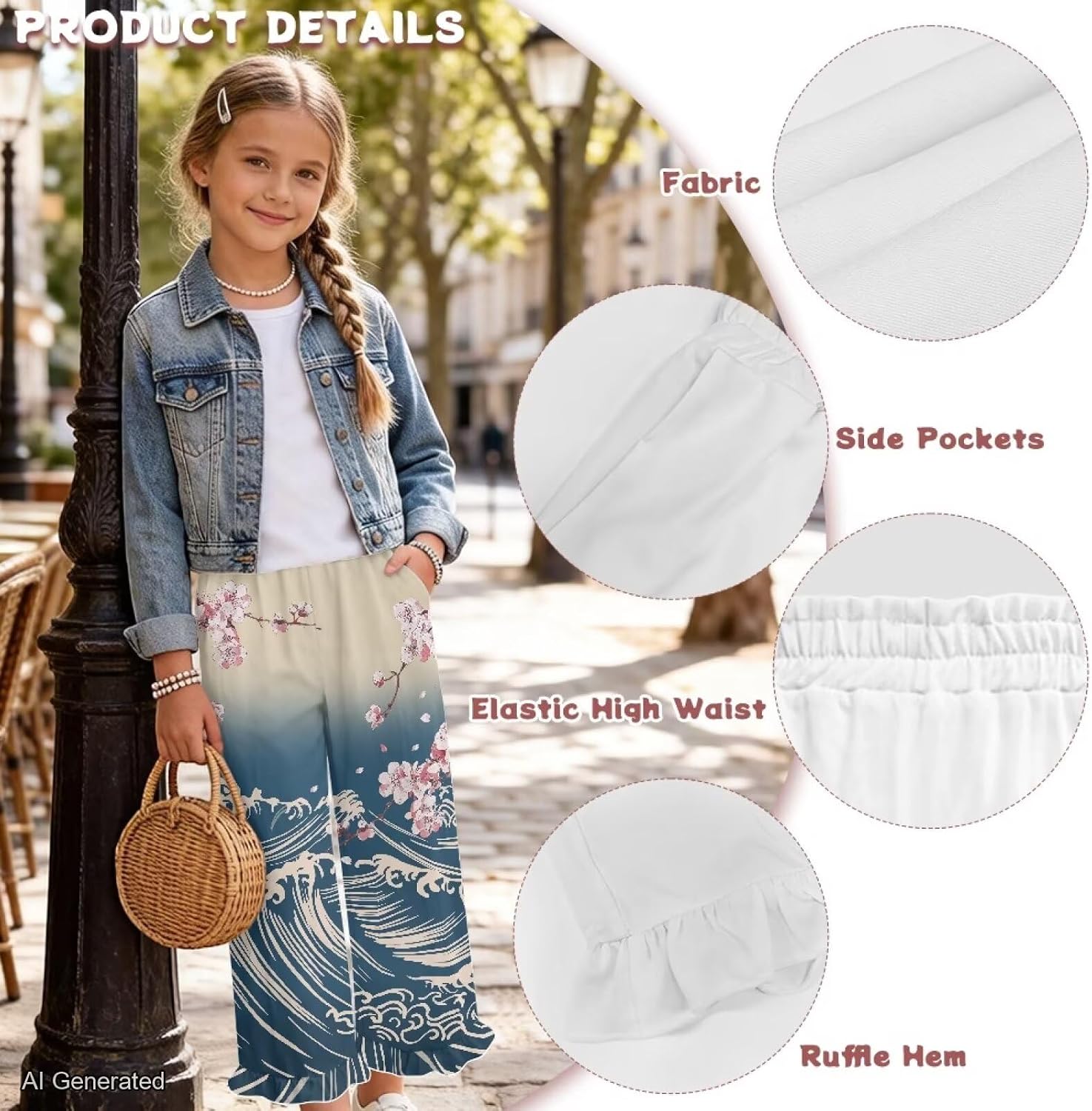 Wanyint Girls Wide Leg Pants with Ruffle Hem, Full Length Jogger Pants Loose Fit Trousers Cute Kids Clothes for 5-14 Y