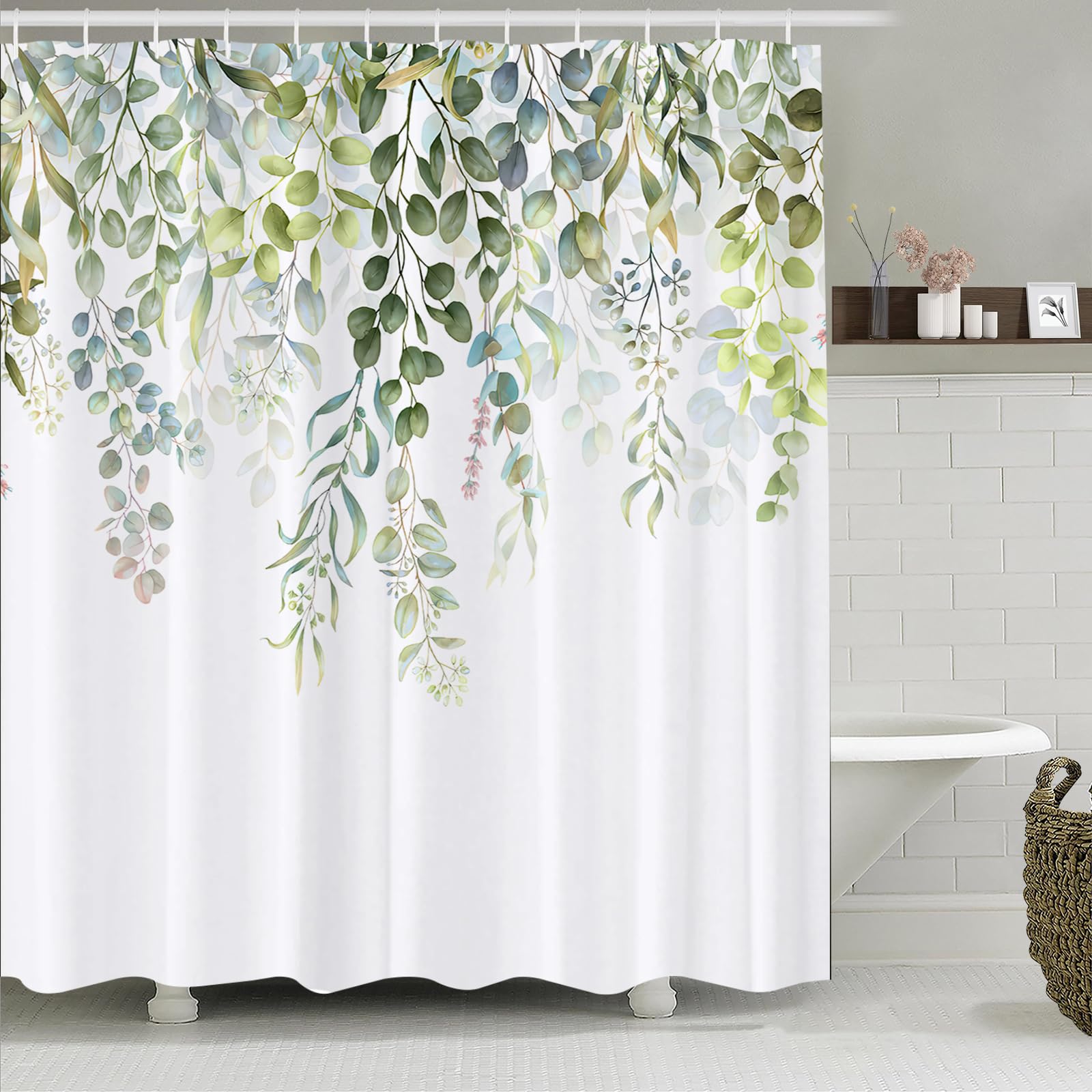Simpomsy Green Eucalyptus Leaves Shower Curtain, Watercolor Leaves Plant with Floral Bathroom Curtain Waterproof Mildew & Mould Resistant Polyester Fabric Bath Curtain with 12 Hooks 180x180cm