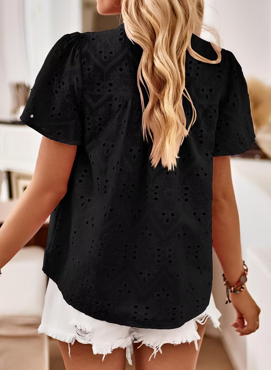 Womens Summer Tops Boho Short Sleeve Crew Neck Blouses for Women Dressy Casual Babydoll Cute Flowy Preppy Shirts - Image 3