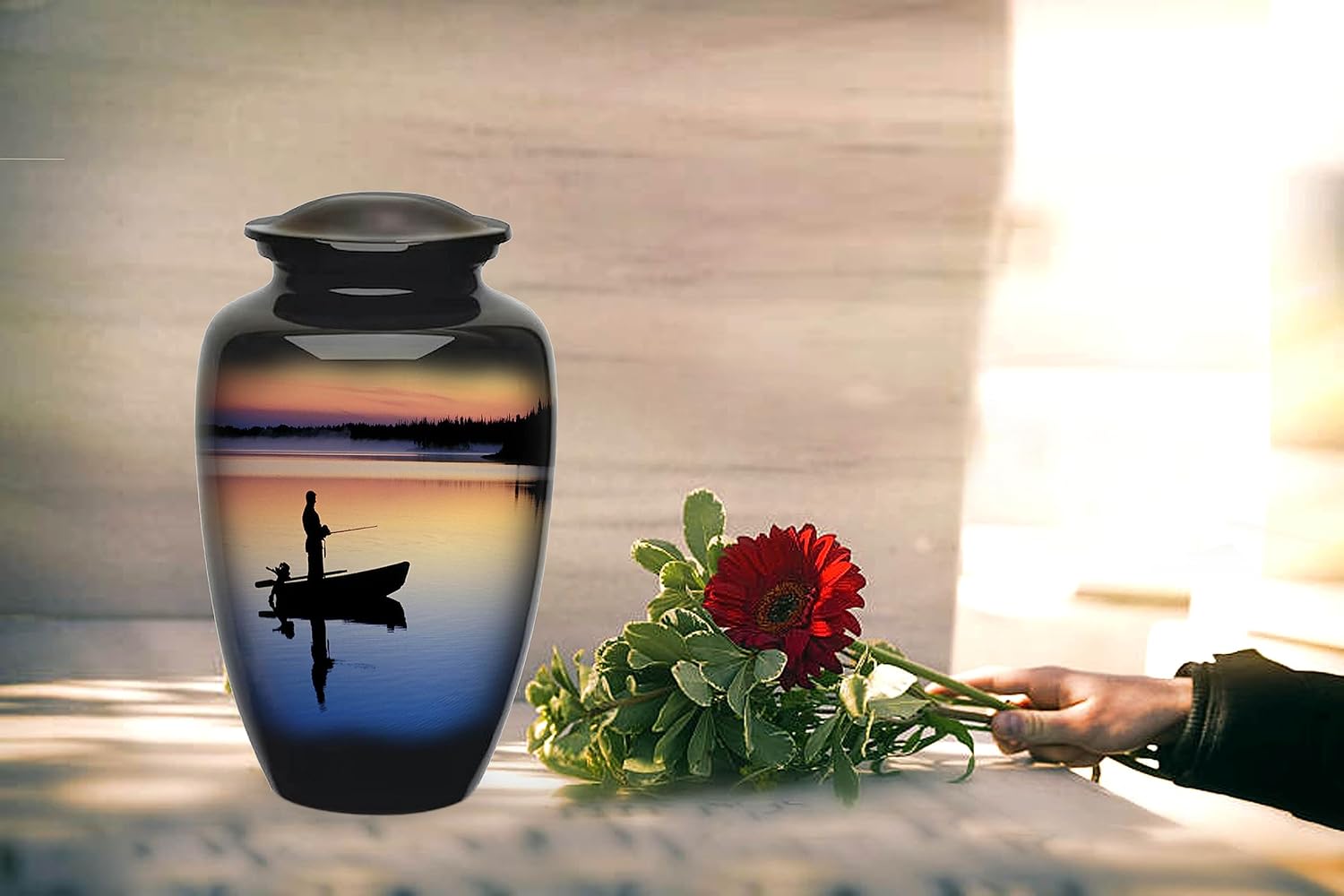 Fisherman Cremation Urn, Adult Fishing urns for Human Ashes Urn - Funeral and Memorial Cremation Urns for Human Ashes Black urn