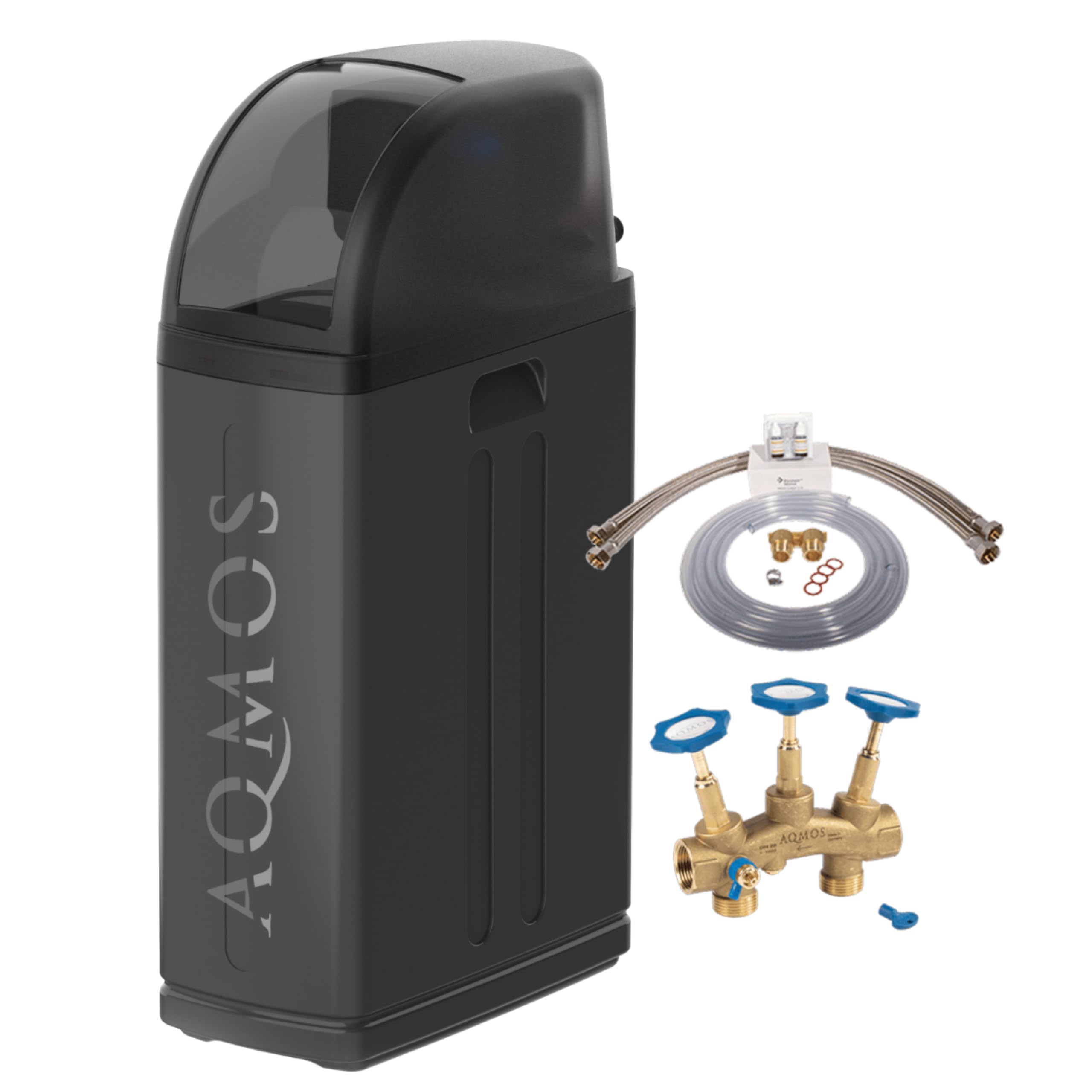 Aqmos R2D2-48 Black Edition Suavizador de agua con kit de conexión de 1" y bloque de montaje de 1" | Suavizador para casas de hasta 5 personas | Sistema de descalcificación para agua blanda