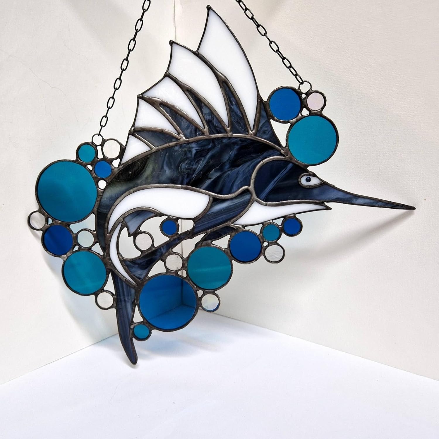 Stained Glass Sailfish Sword Fish Marlin Window Wall Hanging Panel Sun Catcher Sea Creature Ornament