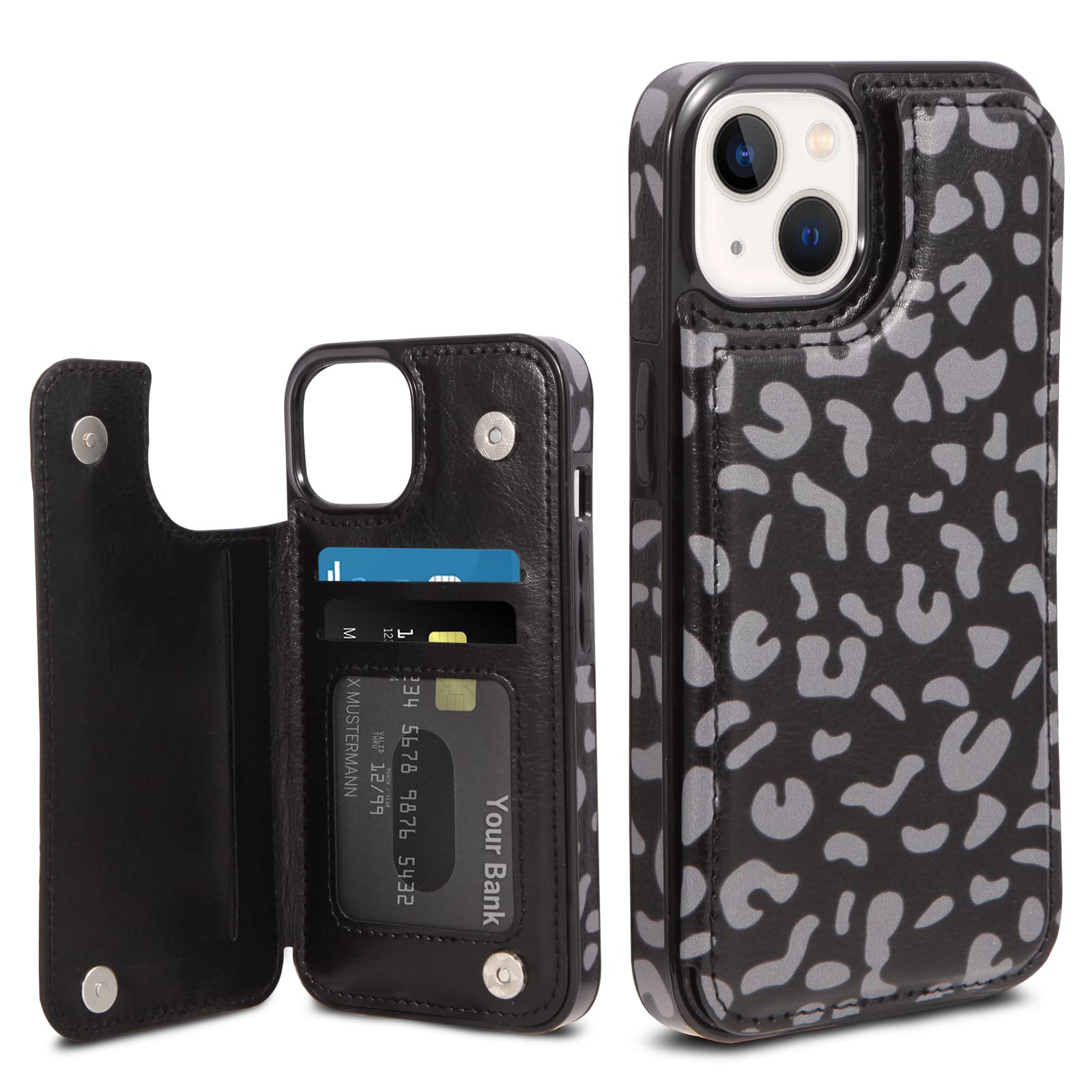 Wallet Case Compatible with iPhone 14 6.1 inch, KSWNG Slim Protective Case with Card Holder, Flip Soft PU Leather Magnetic Durable Shockproof Cover (Black Leopard)
