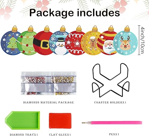 Miniatura 2 de Denylo pro 8 piezas de bolas de luz de Navidad, kit de posavasos de pintura de arte de diamante, con soporte, bolas de luz de Navidad, posavasos de