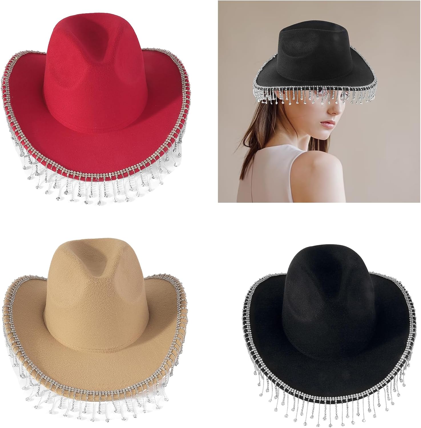 Cowboy hat,Stylish Denims Hat with Rhinestones Decoration and Tassels Design Hat for Fashionable Individuals Halloween