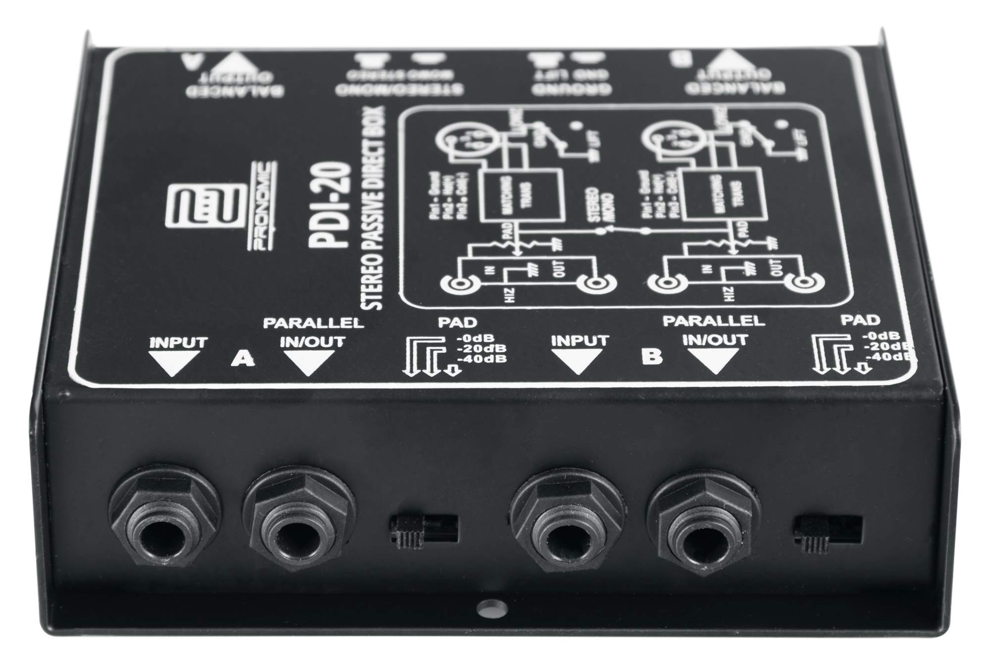 Pronomic PDI-20 passive Stereo-DI-Box - Gamma di frequenza: 15 Hz - 30 kHz - Interruttore Stereo/Mono - Interruttore Pad - Ground-Lift - nero