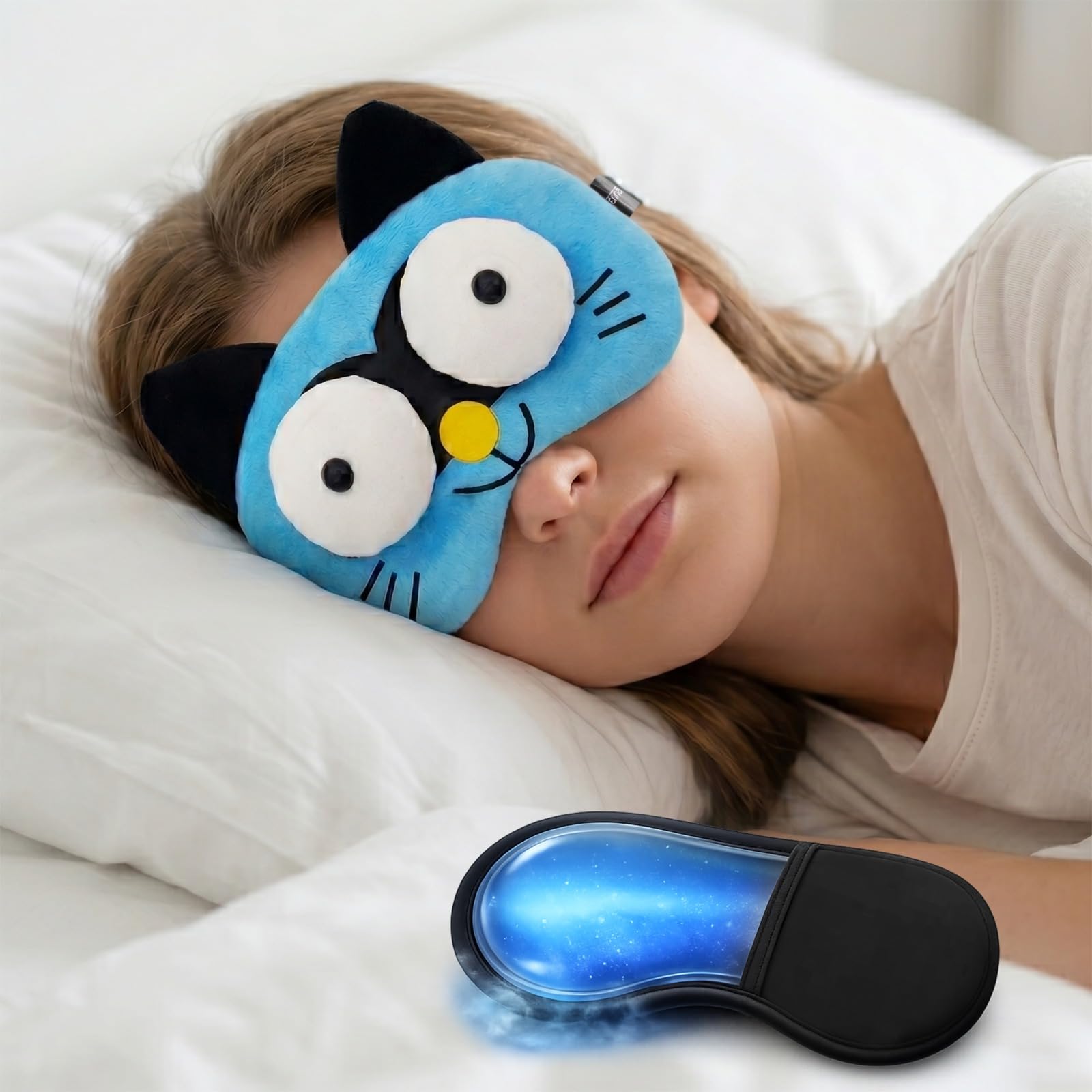 Jenna Cute 3D Sleeping Eye Shade Mask Cover For Insomnia, Meditation, Puffy Eyes And Dark Circles With Gel Pack Cat Blue