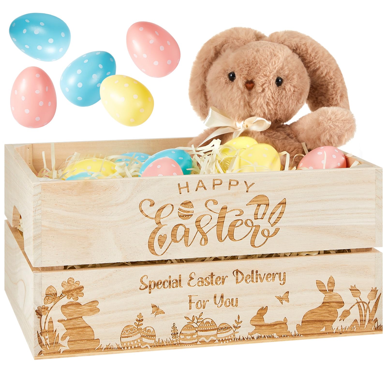 Namalu 12.2 x 9.1 x 5.9 Inch Easter Gift Basket with Raffia Grass and 9 Easter Eggs Wooden Crate Wood Storage Box with Handles Storage Containers for Easter Theme Party Decoration