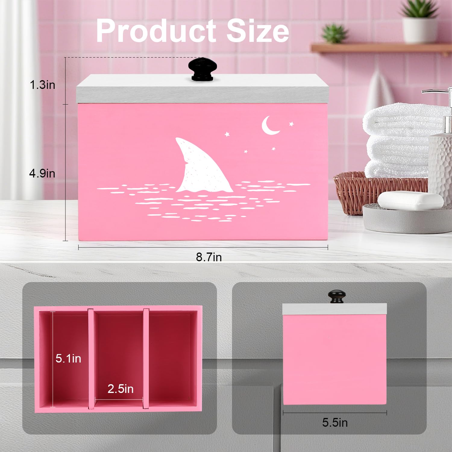 Tampon Holder for Bathroom,Pink Feminine Product Organizer,Girl Stuff Box for Bathroom,Pad and Tampon Organizer for Bathroom,Pad Holder for Bathroom,Shark Week Bathroom Organizer,Bathroom Accessories