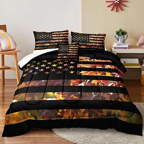Miniatura 7 de Juego de ropa de cama con la bandera estadounidense, juego de edredón de camuflaje rústico con hojas de árbol de arce y camuflaje para niños,